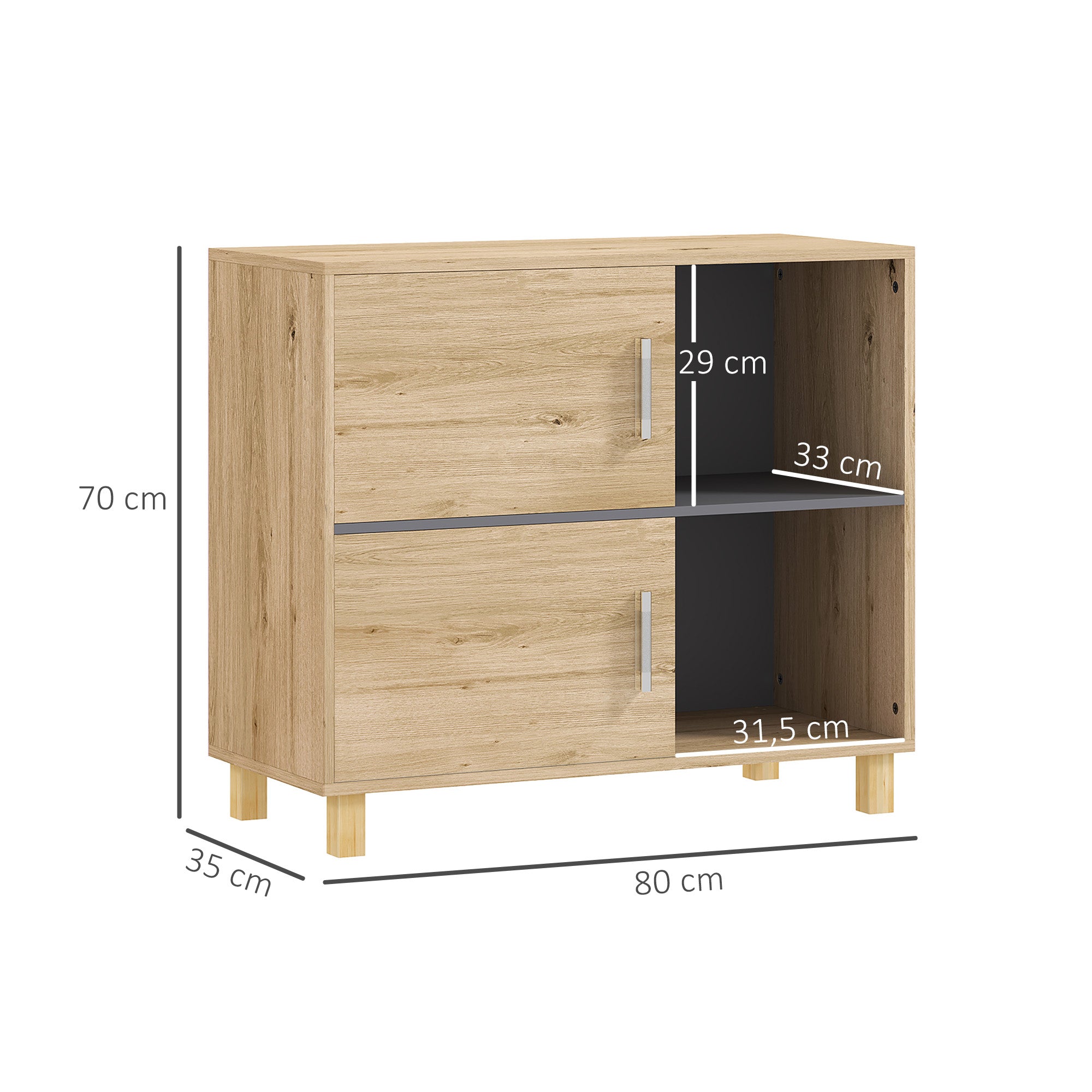 Meuble de salle de bain, meuble de rangement avec compartiments ouverts et placard, armoire salle de bain dim. 80l x 35P x 70H cm, bois naturel