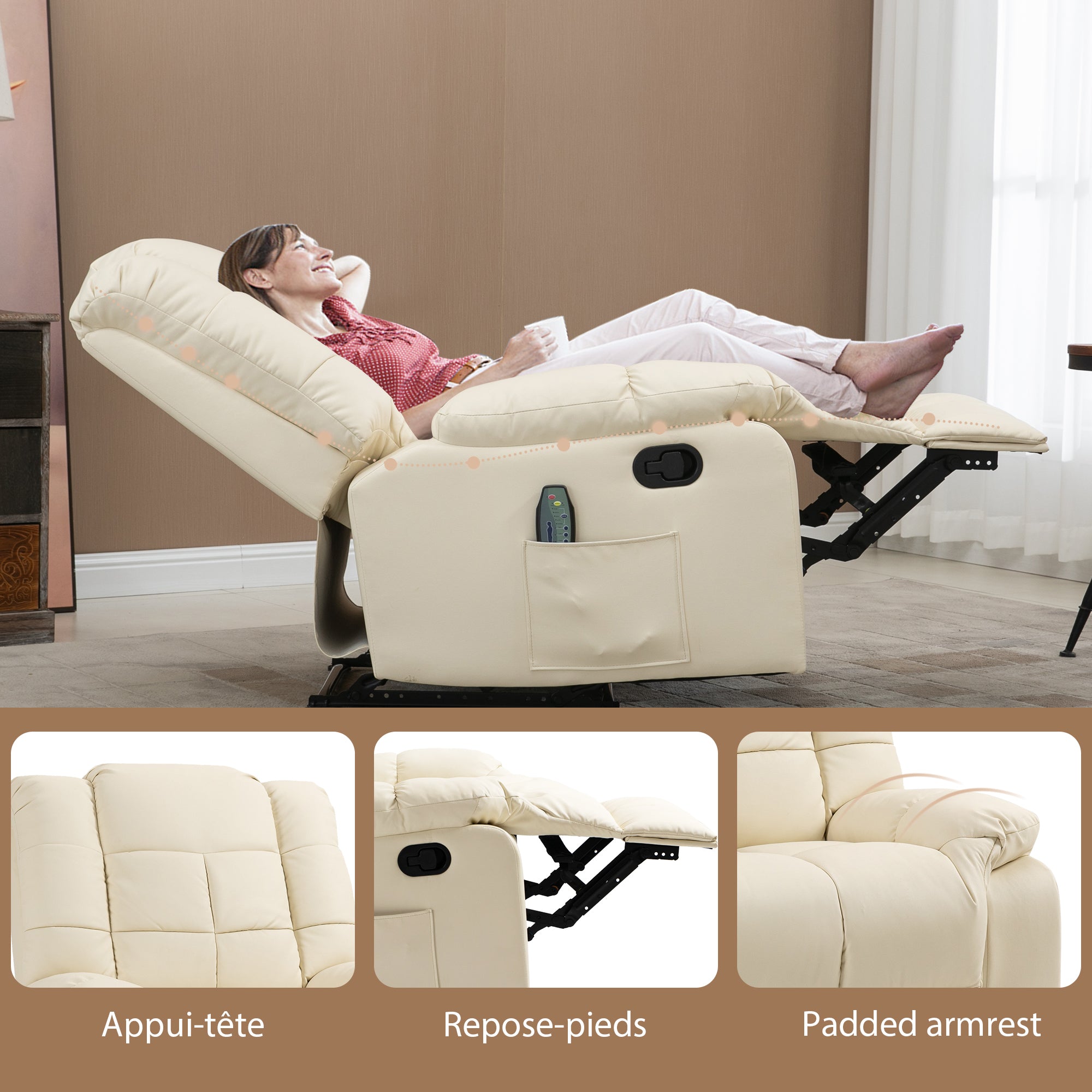 Fauteuil de massage fauteuil de relaxation massant avec dossier inclinable manuellement et repose-pied fauteuil TV revêtement synthétique télécommande incluse crème