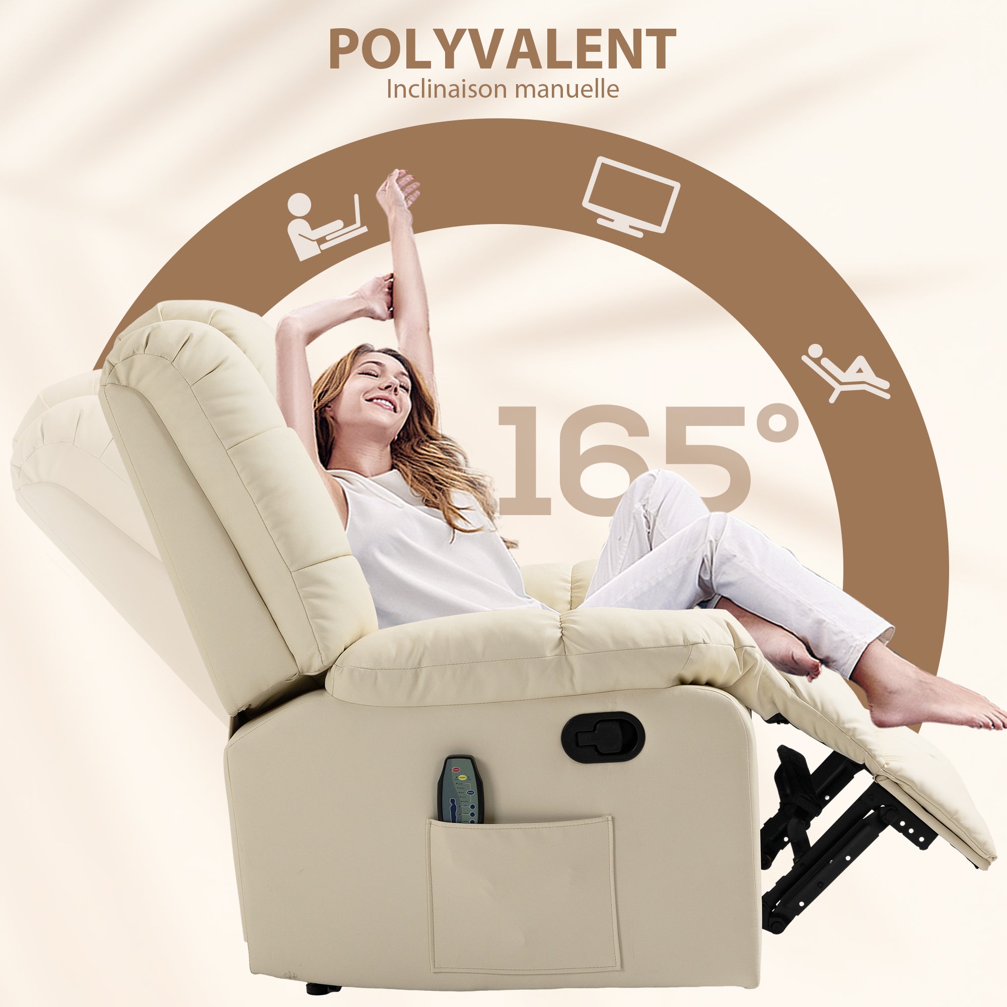 Fauteuil de massage fauteuil de relaxation massant avec dossier inclinable manuellement et repose-pied fauteuil TV revêtement synthétique télécommande incluse crème