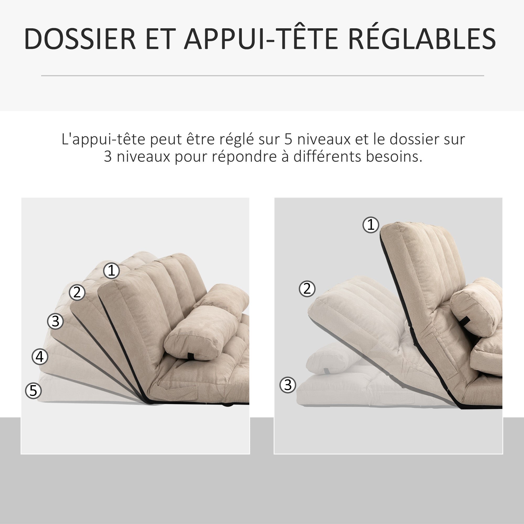 Chauffeuse matelas d'appoint pliant fauteuil convertible inclinaison dossier réglable 2 coussins inclus en polyester aspect suédé, pour salon, chambre et bureau, beige