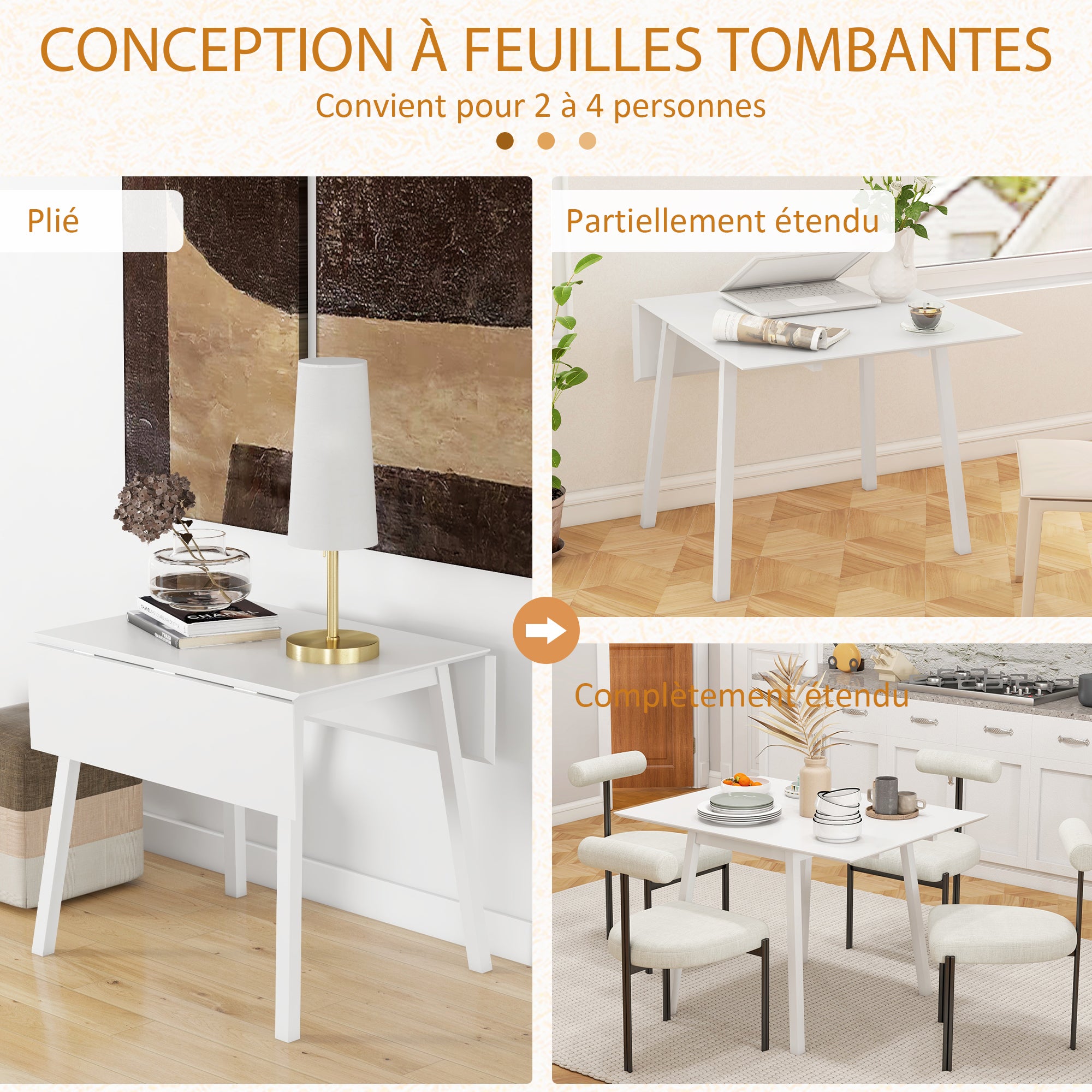 Table de cuisine pliable table à manger pliante avec plateau rabattable en bois pour 2 à 4 personnes, blanc