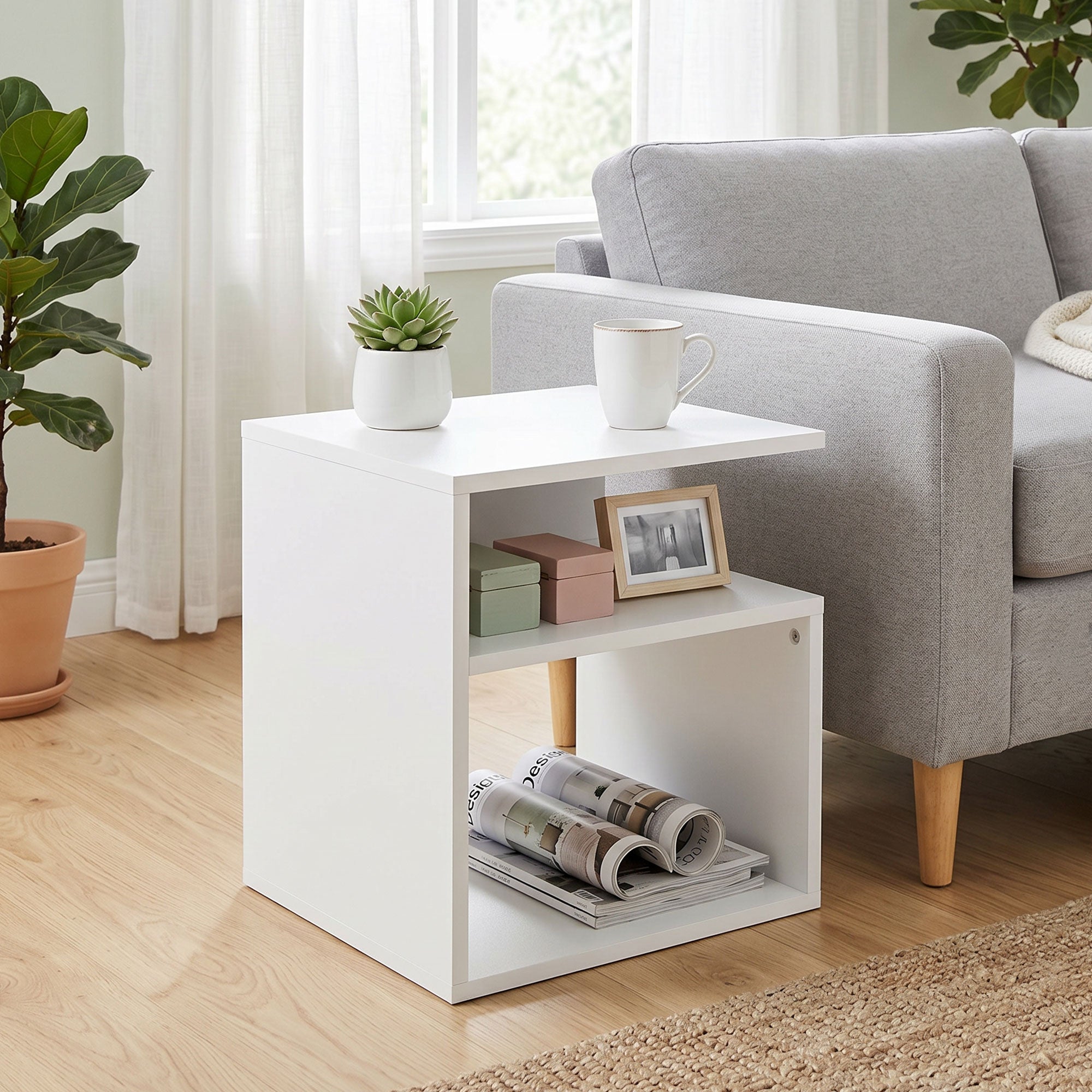 Table d'Appoint, Table Basse Moderne 3 Niveaux avec Étagères Ouvertes, pour Salon, Chambre ou Bureau, 35 x 35 x 41,5 cm, Blanc