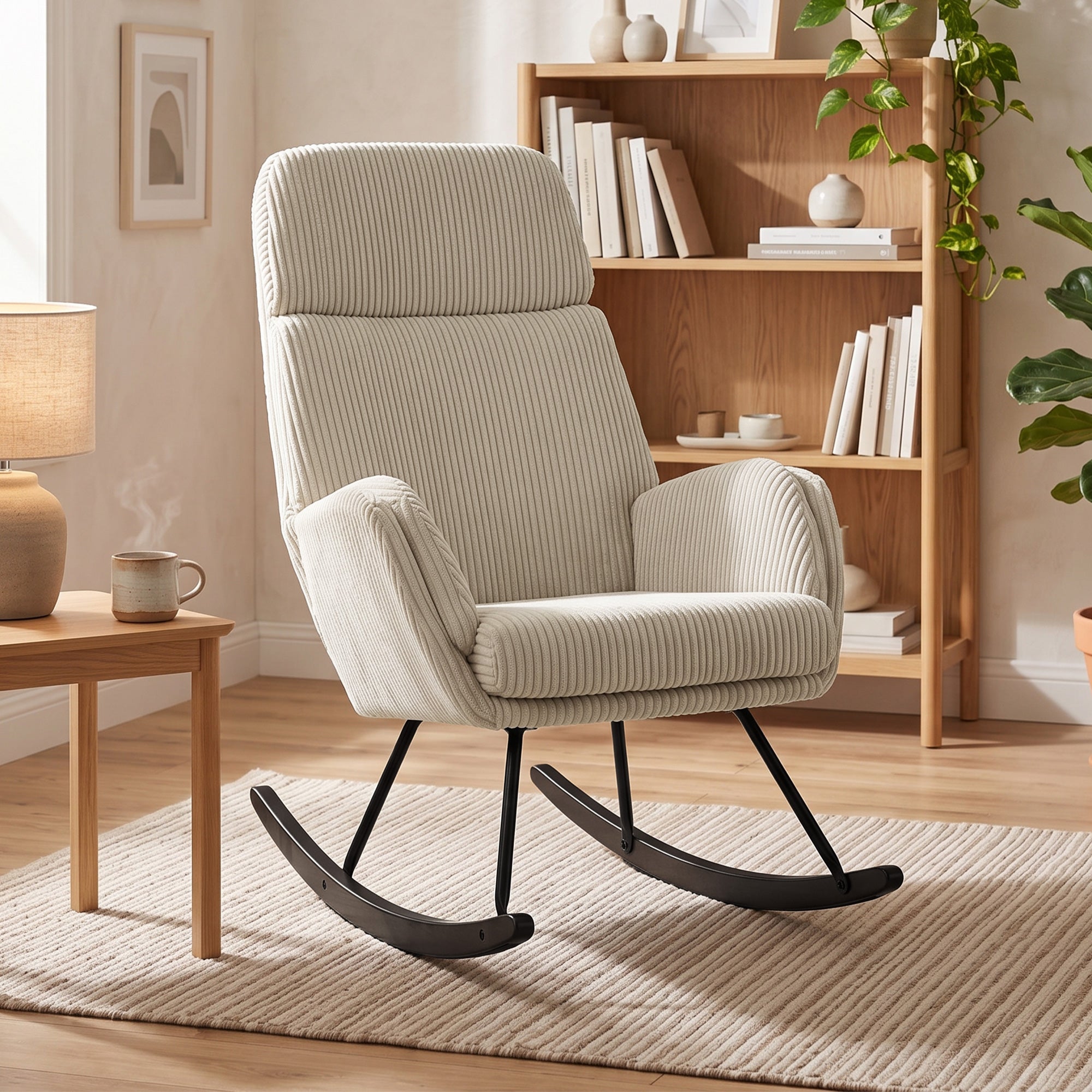 Fauteuil à Bascule, Rocking Chair en Velours Côtelé avec Dossier Haut et Accoudoirs, Assise Rembourrée, Pieds en Bois d'hévéa, Chaise à Bascule Moderne pour Salon, Chambre, Beige