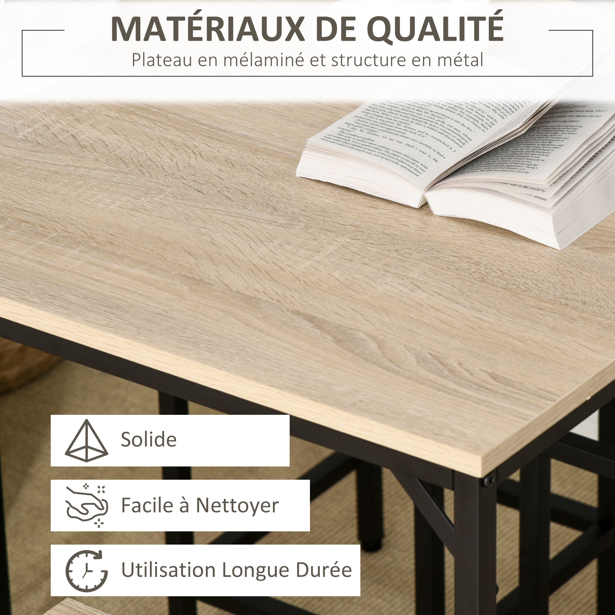 Ensemble Table de Bar Industriel + 4 tabourets Repose-Pieds en Bois couleur Chêne Clair Cadre en métal Noir