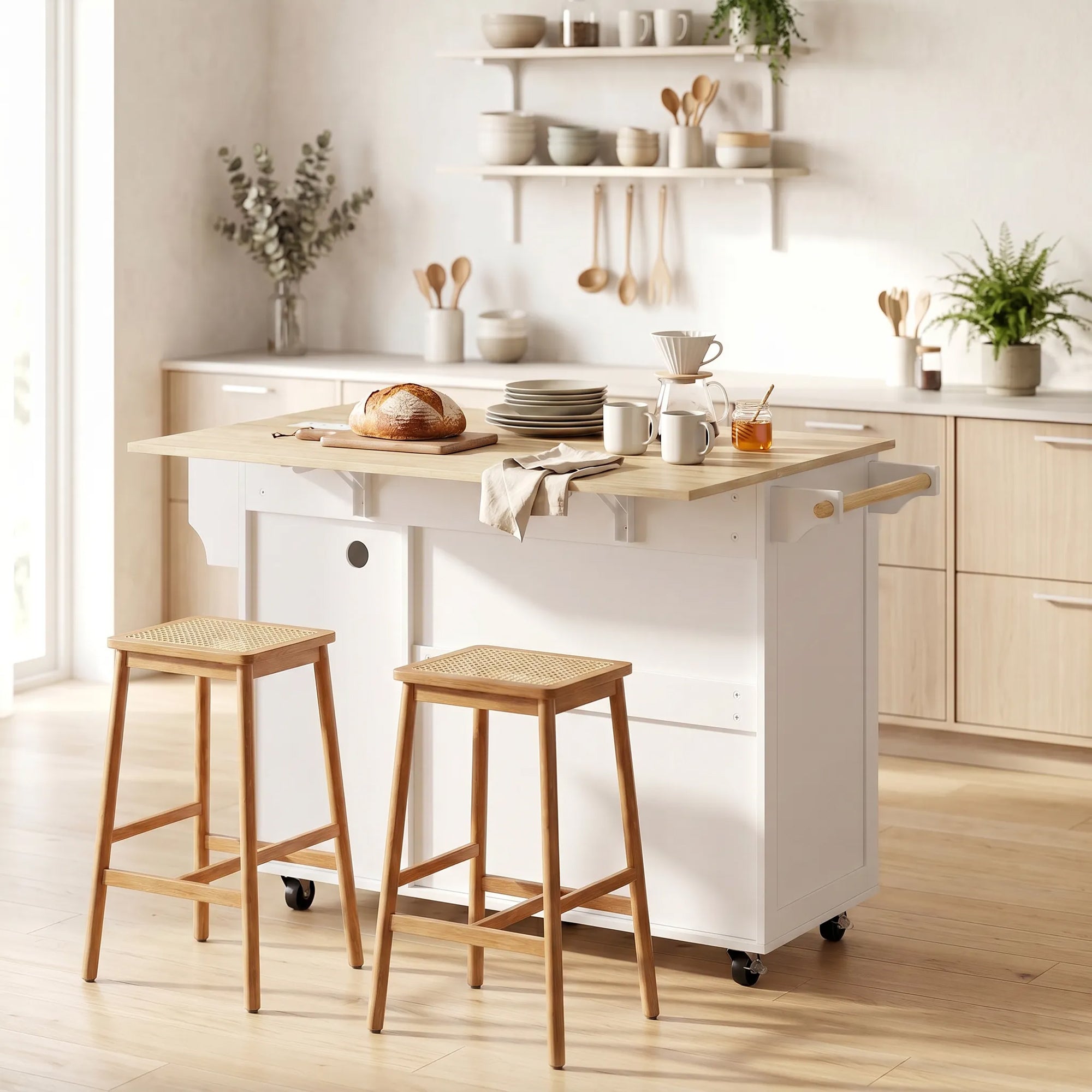 Îlot Central Cuisine avec Plateau Rabattable 2 Prises et 2 Ports USB Desserte de Cuisine sur Roulettes 3 Tiroirs 2 Portes Porte-Serviettes Porte-Épices Étagère Réglable 134,5x75,2x90,5cm Blanc