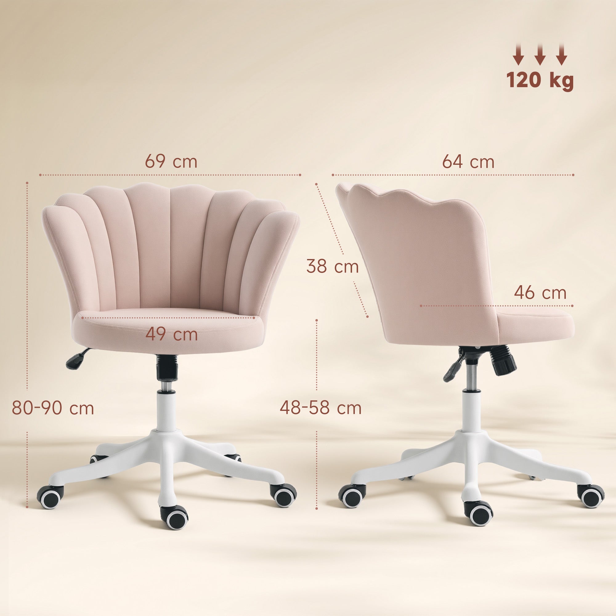 Chaise bureau en velours, chaise coiffeuse avec dossier en pétale, hauteur réglable, fonction bascule, assise rembourrée et pivotante, fauteuil coquillage pour bureau, salon, chambre, rose