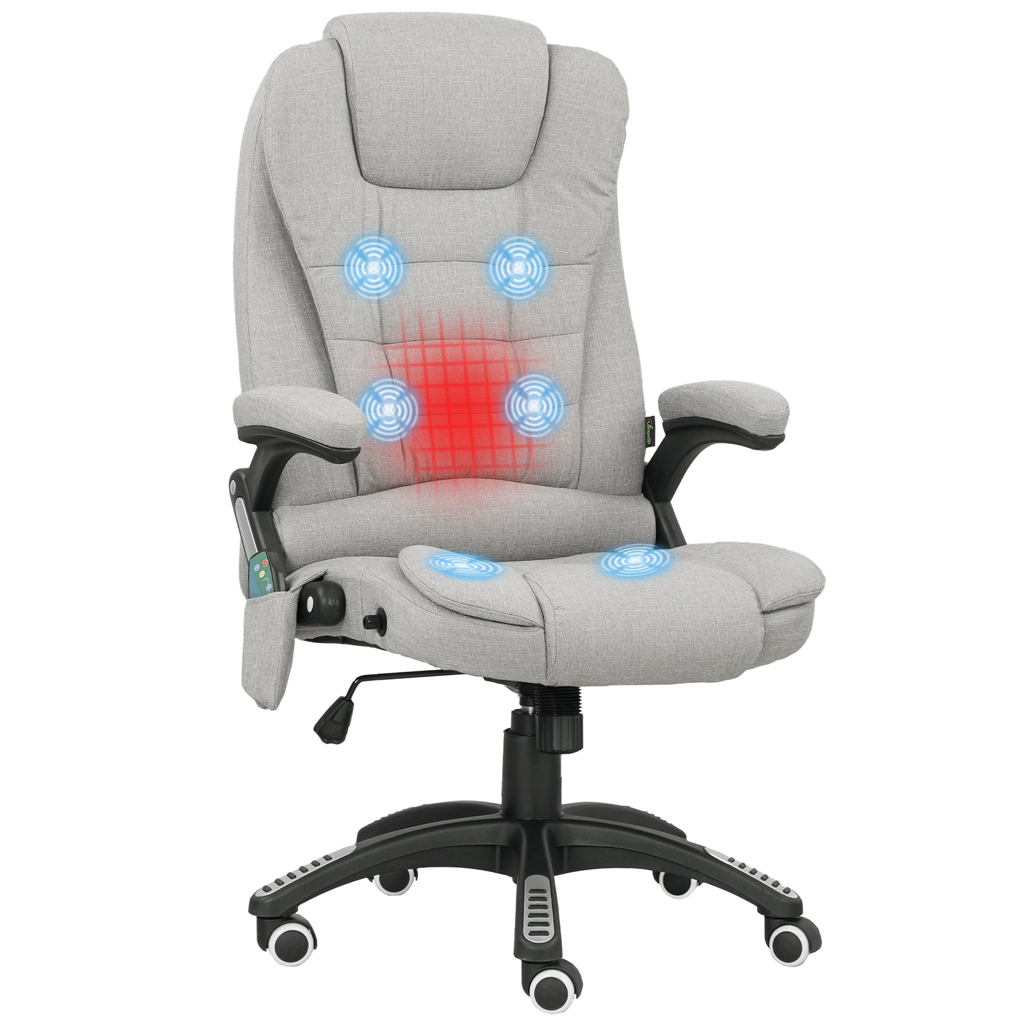 Fauteuil de bureau massant et chauffant, chaise de bureau, chaise ergonomique avec hauteur réglable, dossier inclinable et télécommande filaire, pivotant à 360° tissu en polyester gris clair