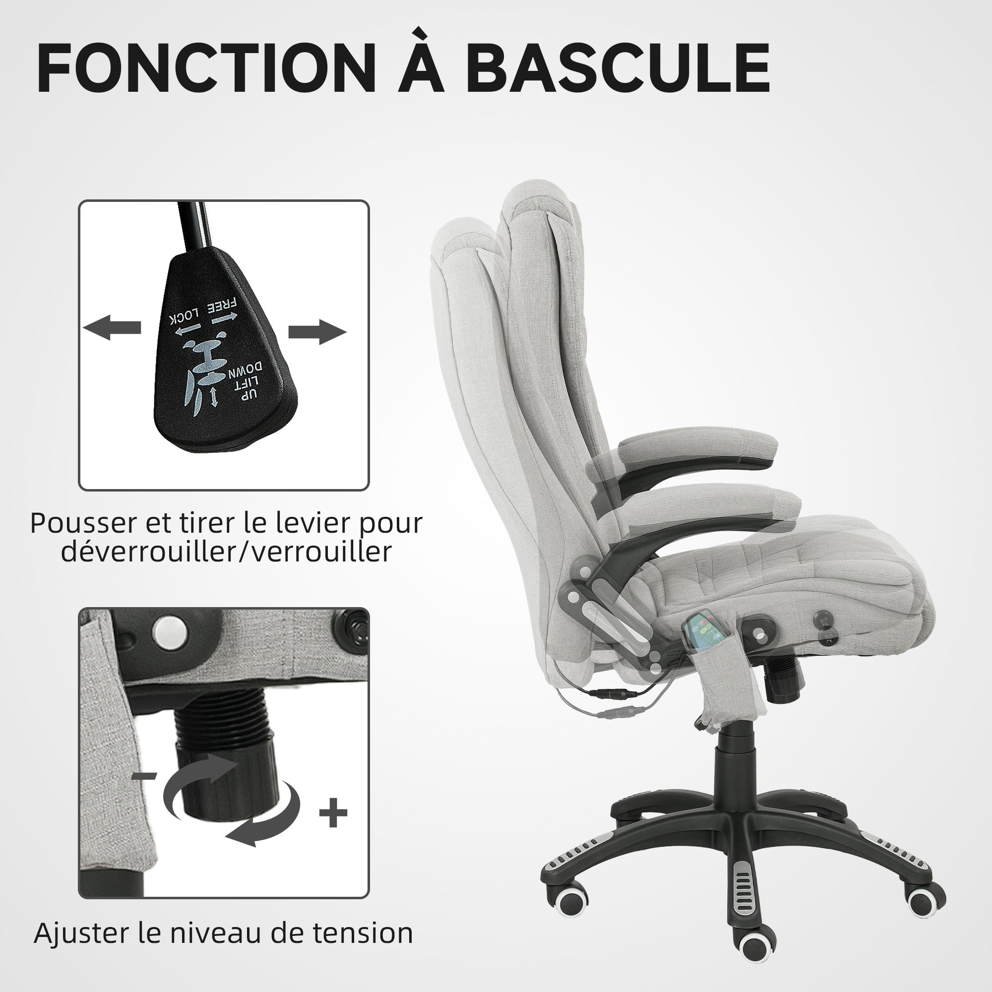 Fauteuil de bureau massant et chauffant, chaise de bureau, chaise ergonomique avec hauteur réglable, dossier inclinable et télécommande filaire, pivotant à 360° tissu en polyester gris clair