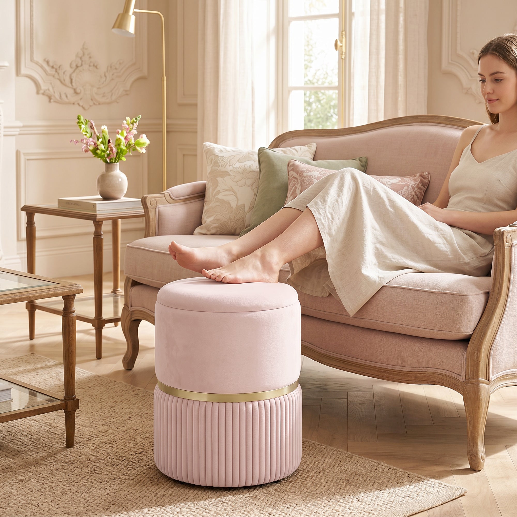 Pouf tabouret repose-pied, coffre de rangement, en velours côtelé, design moderne, 36 x 36 x 44 cm, pour salon, chambre, rose
