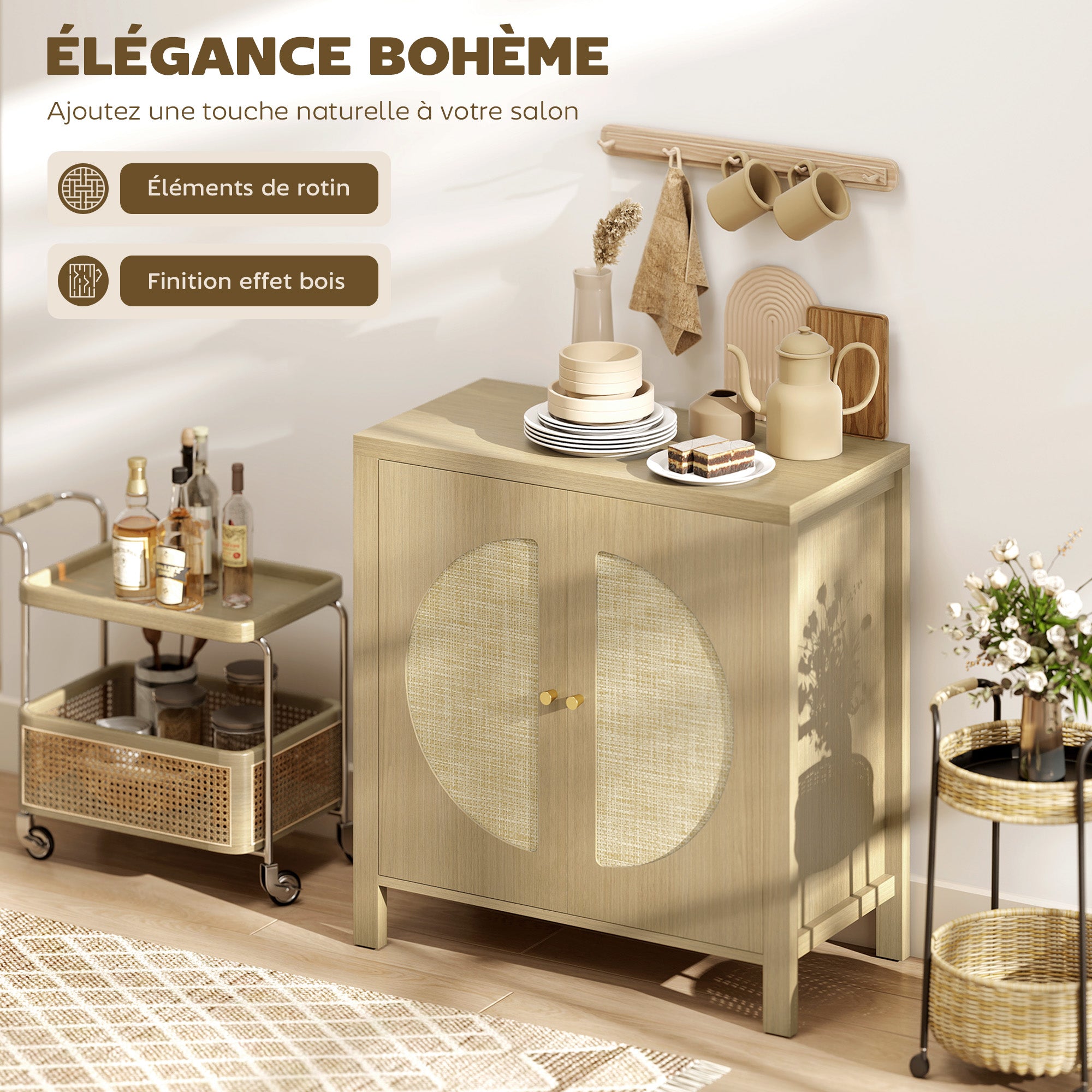 Buffet salon, meuble de rangement avec 2 portes effet rotin et étagère réglable, style bohème, pour salle à manger et cuisine, 75 x 38 x 77 cm, bois naturel