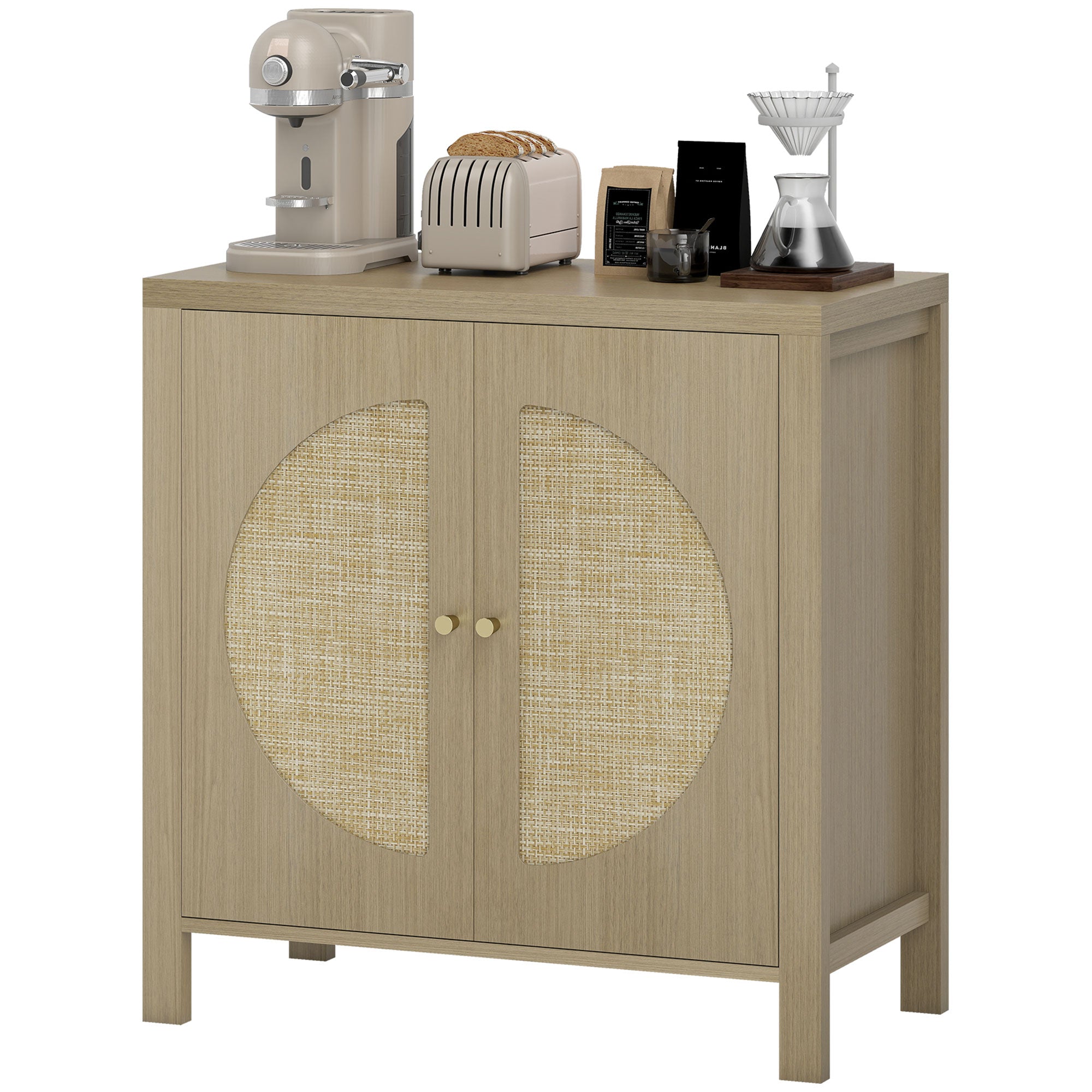 Buffet salon, meuble de rangement avec 2 portes effet rotin et étagère réglable, style bohème, pour salle à manger et cuisine, 75 x 38 x 77 cm, bois naturel