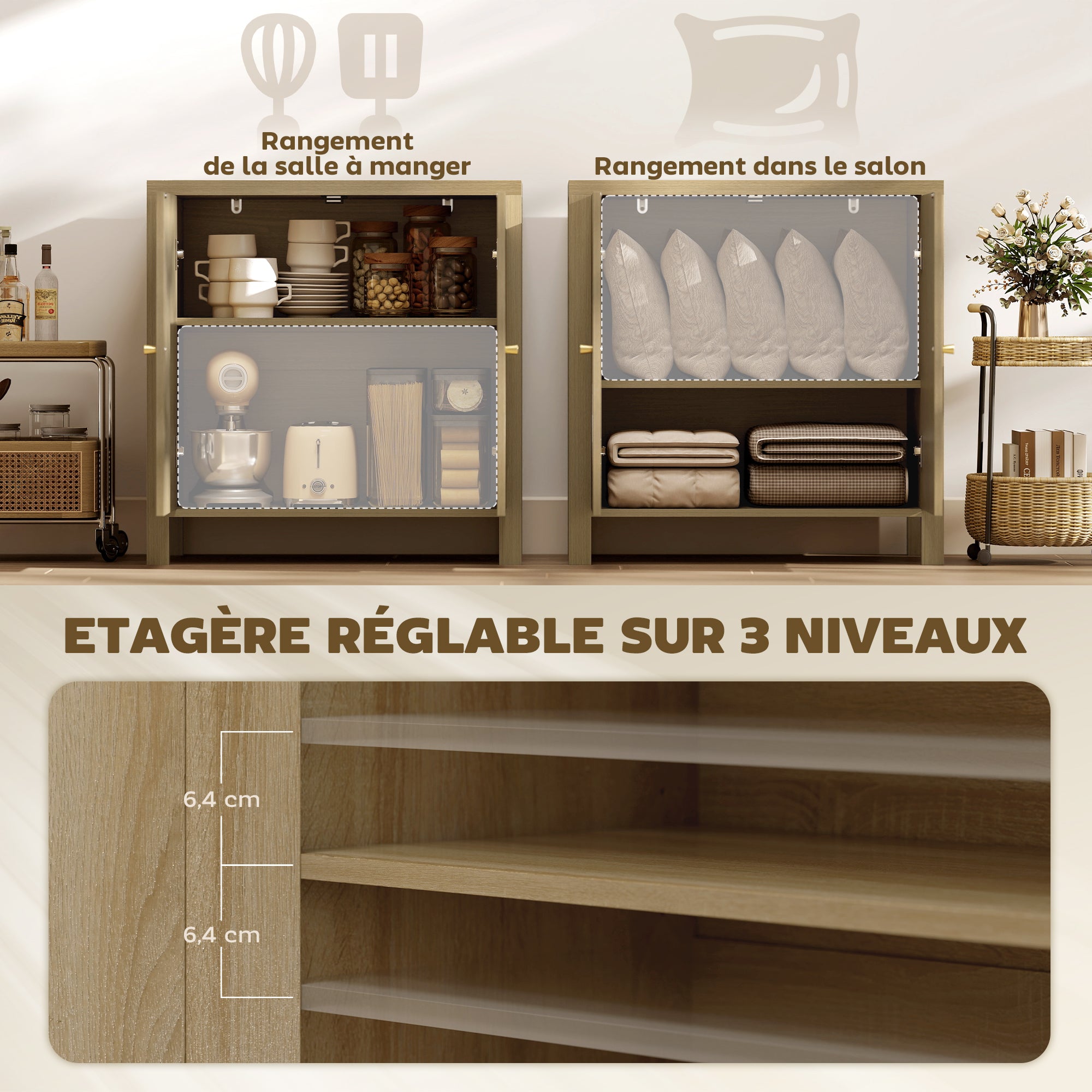 Buffet salon, meuble de rangement avec 2 portes effet rotin et étagère réglable, style bohème, pour salle à manger et cuisine, 75 x 38 x 77 cm, bois naturel