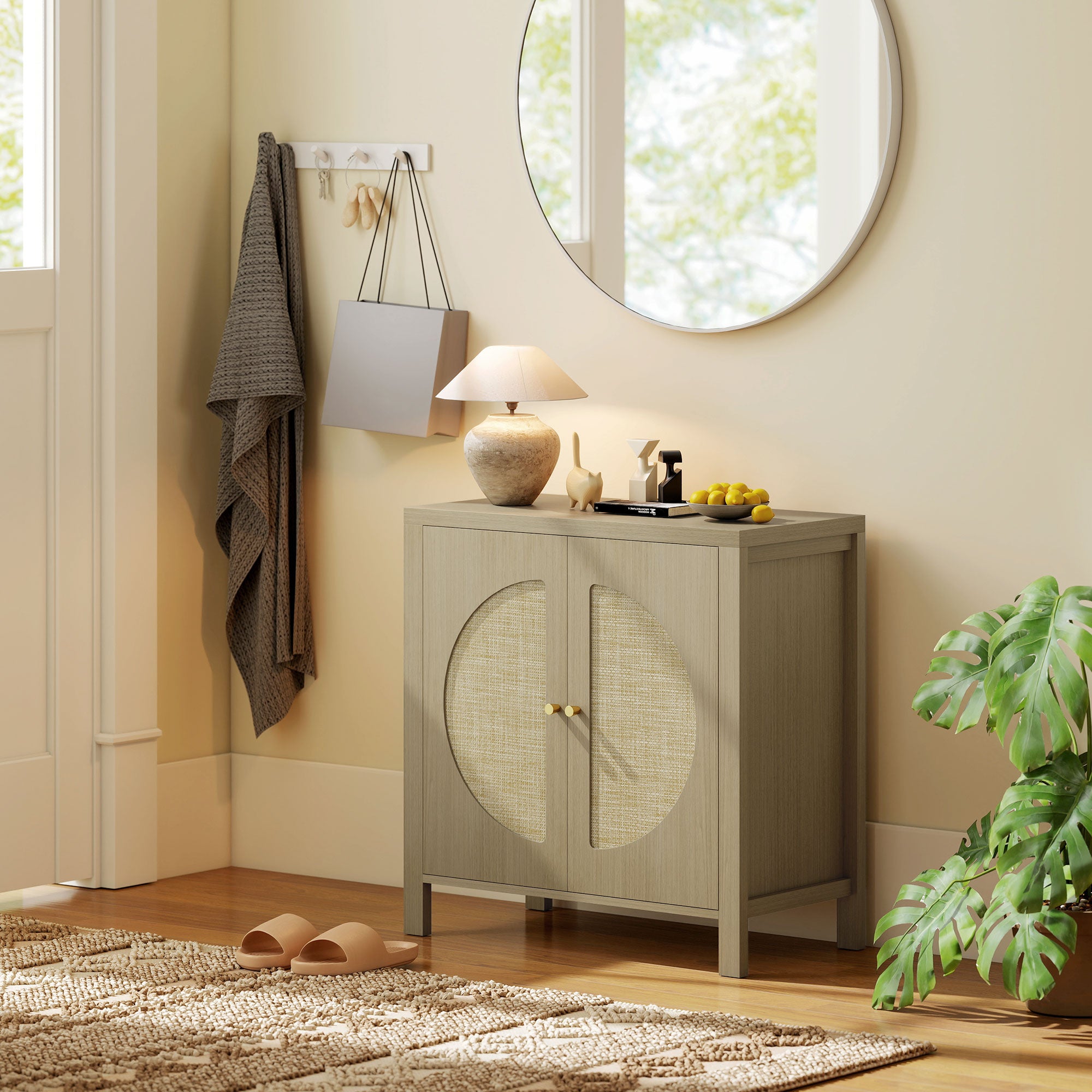 Buffet salon, meuble de rangement avec 2 portes effet rotin et étagère réglable, style bohème, pour salle à manger et cuisine, 75 x 38 x 77 cm, bois naturel