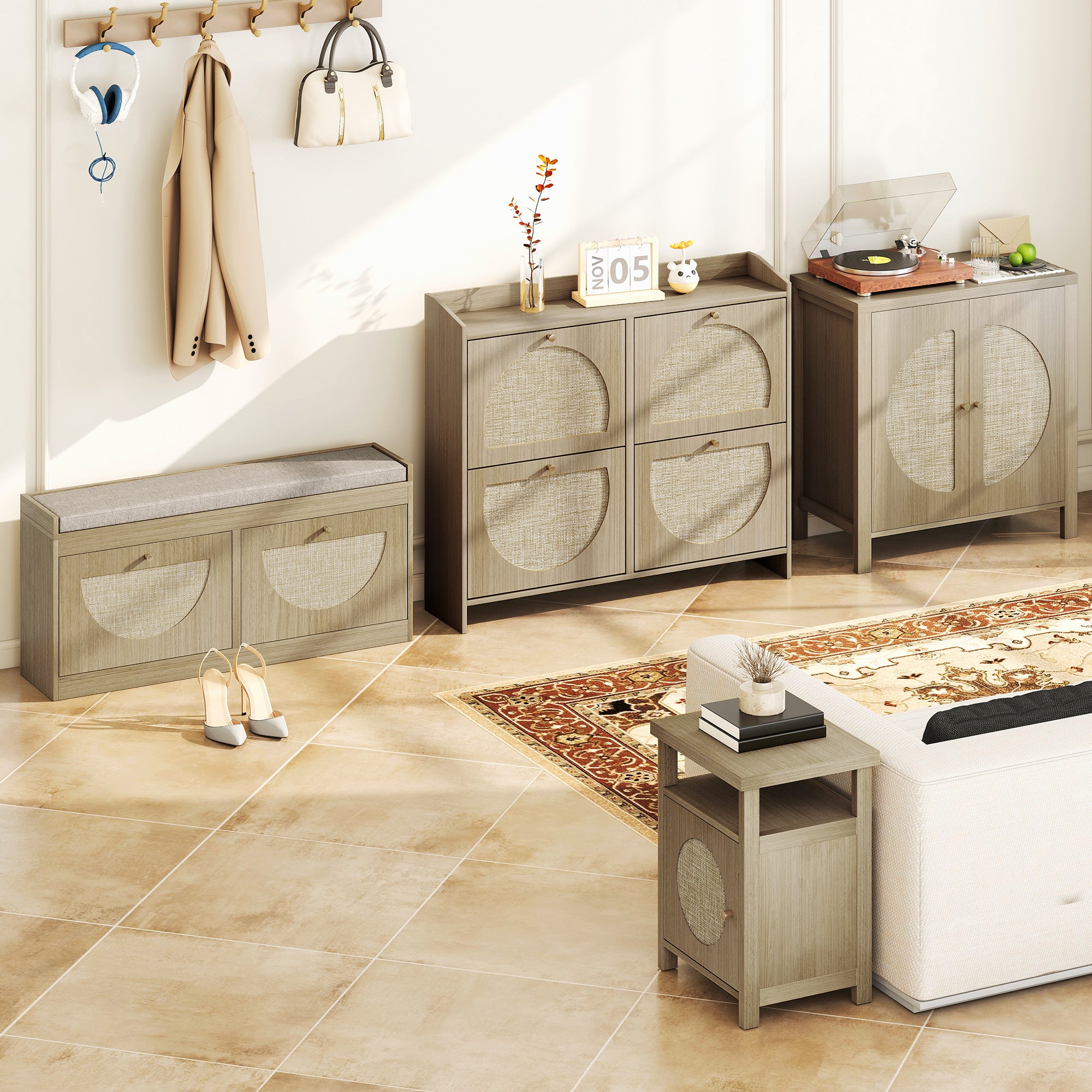 Buffet salon, meuble de rangement avec 2 portes effet rotin et étagère réglable, style bohème, pour salle à manger et cuisine, 75 x 38 x 77 cm, bois naturel