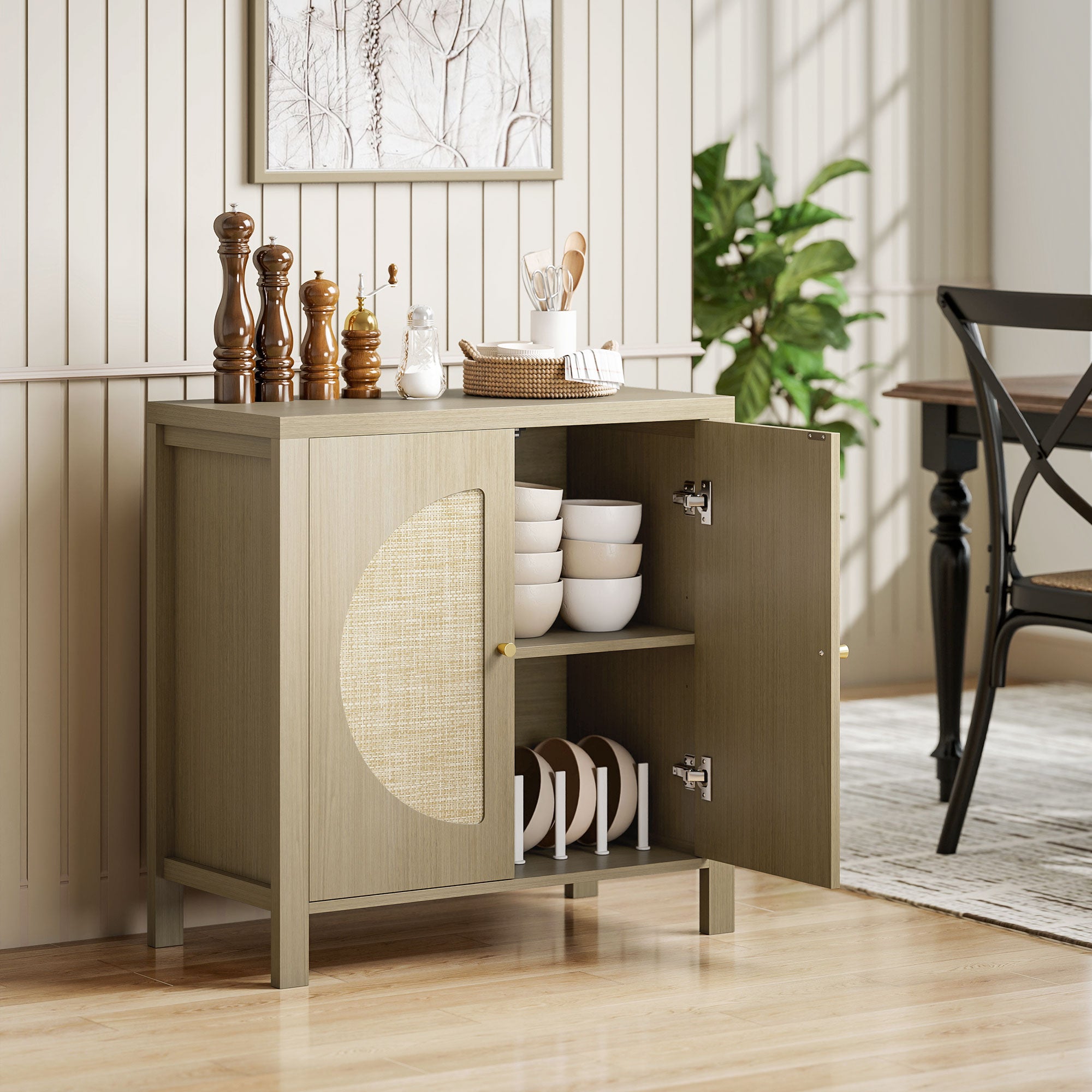 Buffet salon, meuble de rangement avec 2 portes effet rotin et étagère réglable, style bohème, pour salle à manger et cuisine, 75 x 38 x 77 cm, bois naturel