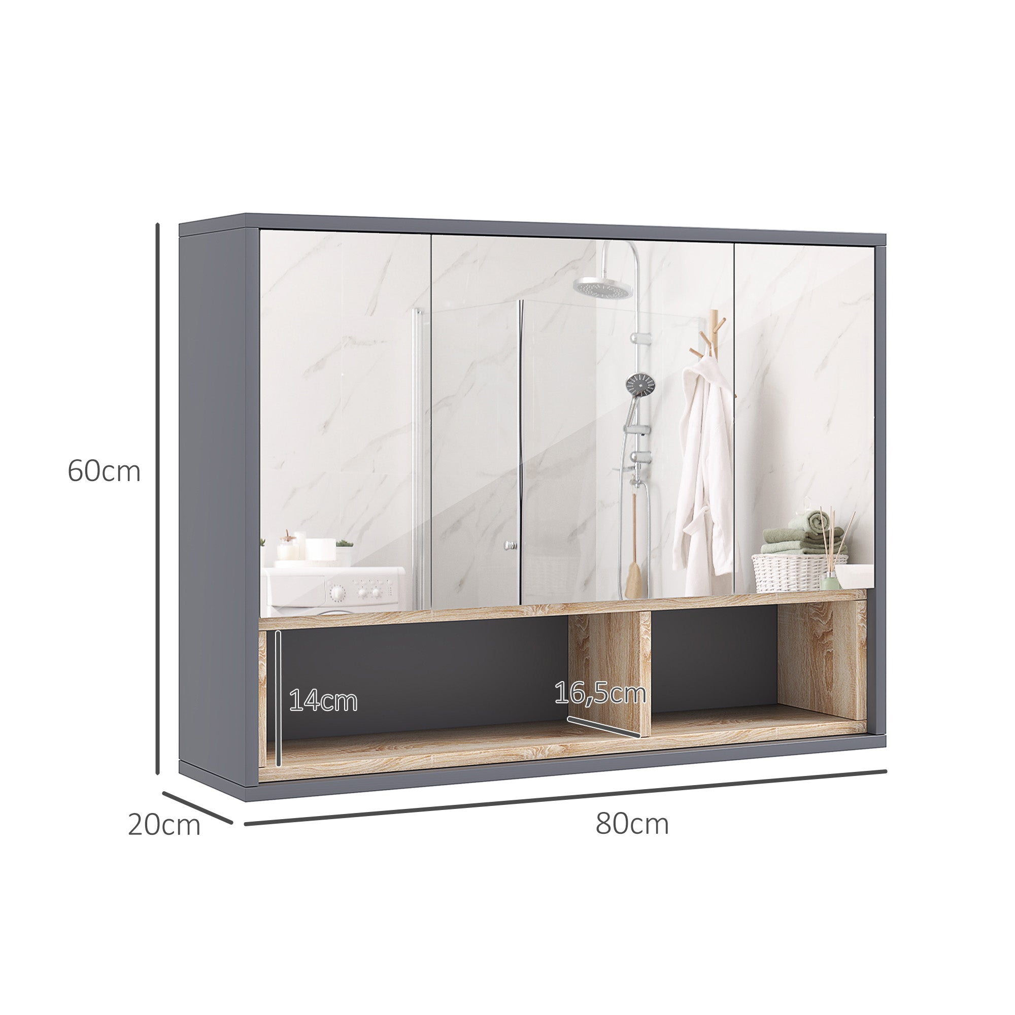 Armoire Murale, meuble salle de bain avec miroir armoire suspendue, miroir salle de bain avec rangement, placards à 3 portes et 8 compartiments, dim. 80L x 20l x 60H cm, gris