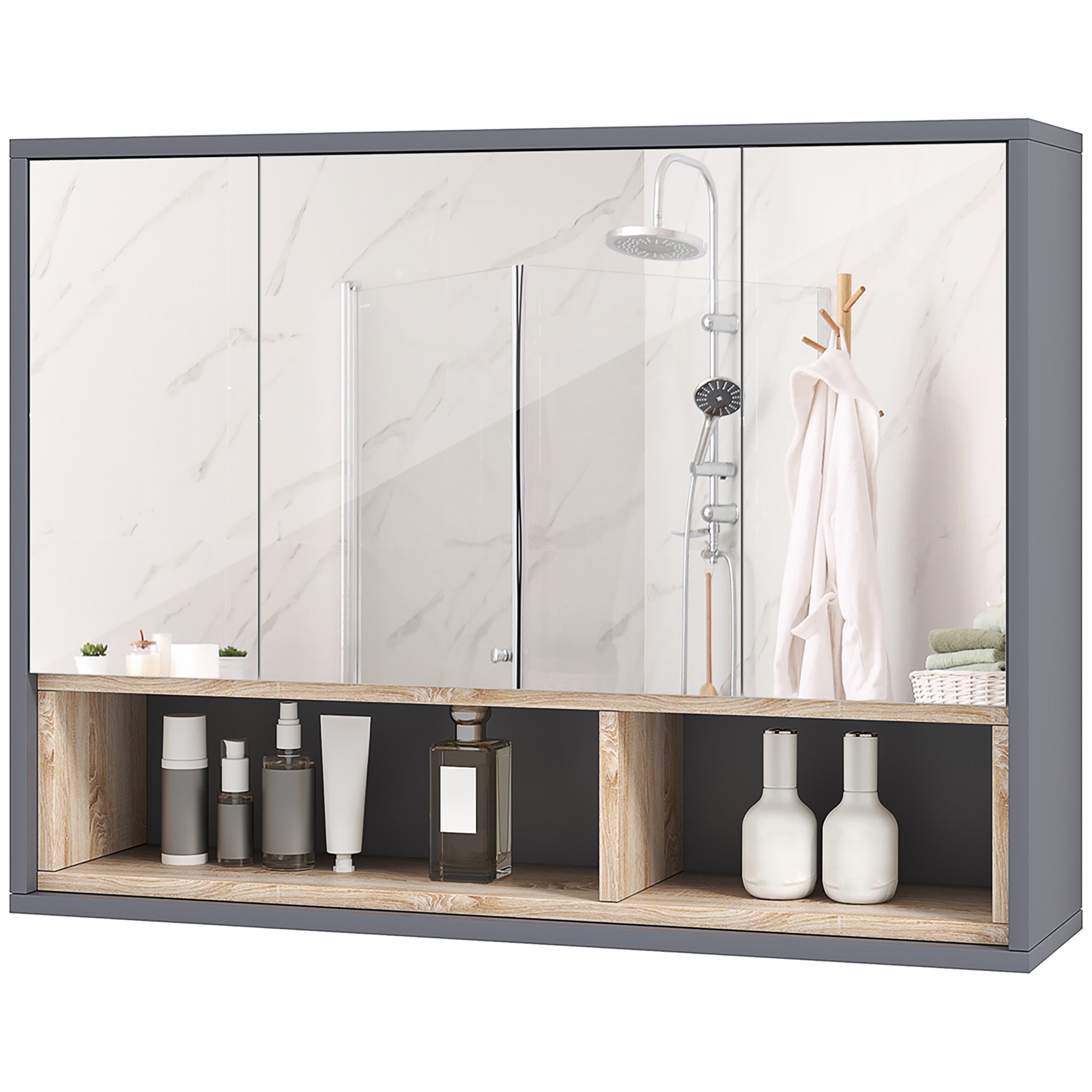 Armoire Murale, meuble salle de bain avec miroir armoire suspendue, miroir salle de bain avec rangement, placards à 3 portes et 8 compartiments, dim. 80L x 20l x 60H cm, gris