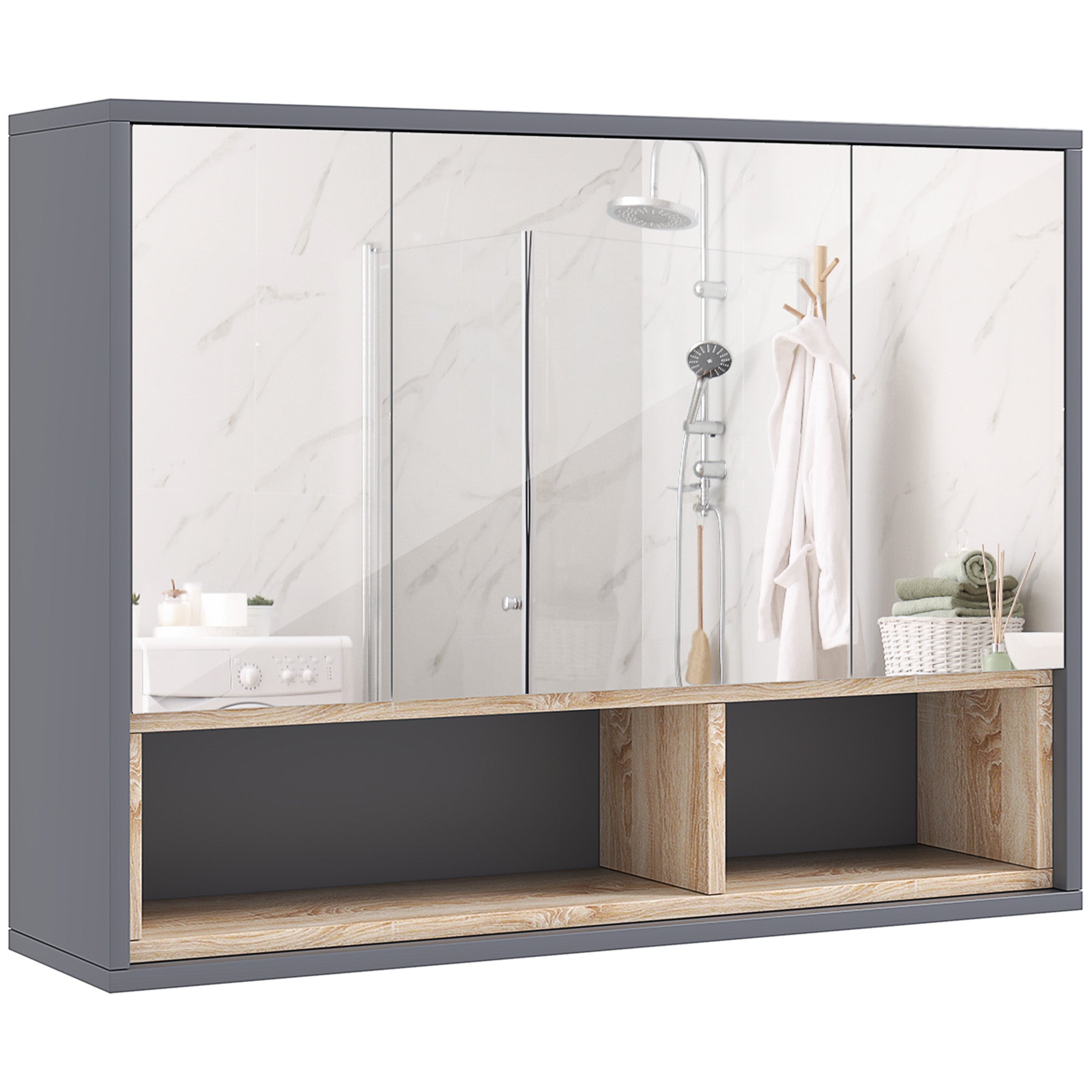Armoire Murale, meuble salle de bain avec miroir armoire suspendue, miroir salle de bain avec rangement, placards à 3 portes et 8 compartiments, dim. 80L x 20l x 60H cm, gris