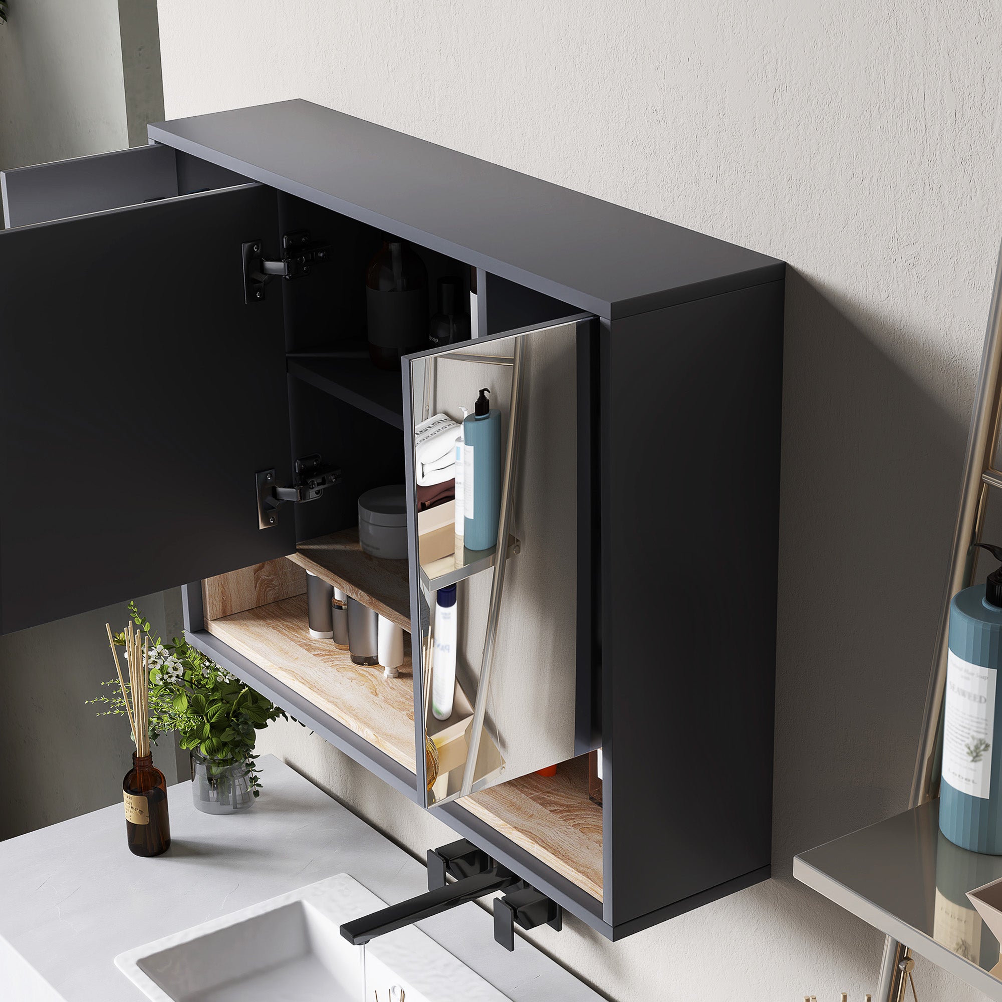 Armoire Murale, meuble salle de bain avec miroir armoire suspendue, miroir salle de bain avec rangement, placards à 3 portes et 8 compartiments, dim. 80L x 20l x 60H cm, gris