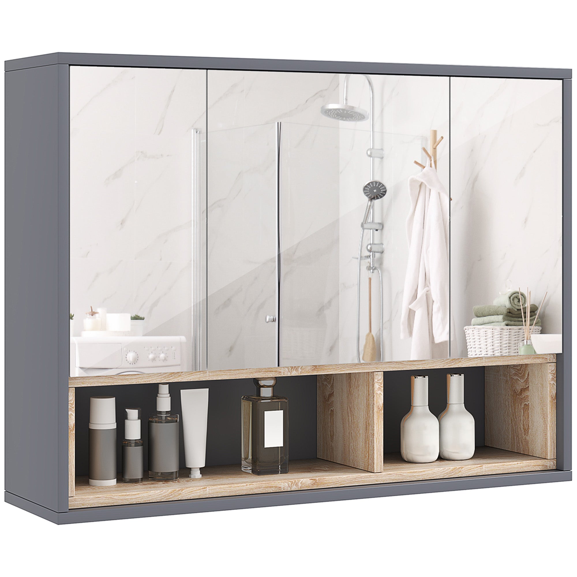 Armoire Murale, meuble salle de bain avec miroir armoire suspendue, miroir salle de bain avec rangement, placards à 3 portes et 8 compartiments, dim. 80L x 20l x 60H cm, gris