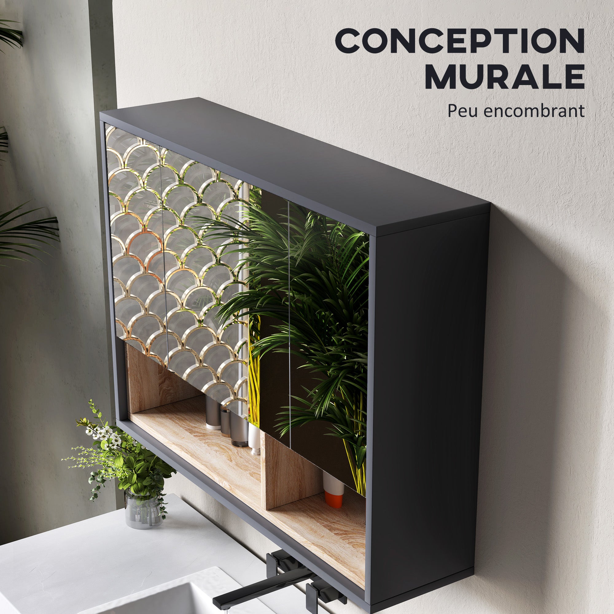 Armoire Murale, meuble salle de bain avec miroir armoire suspendue, miroir salle de bain avec rangement, placards à 3 portes et 8 compartiments, dim. 80L x 20l x 60H cm, gris