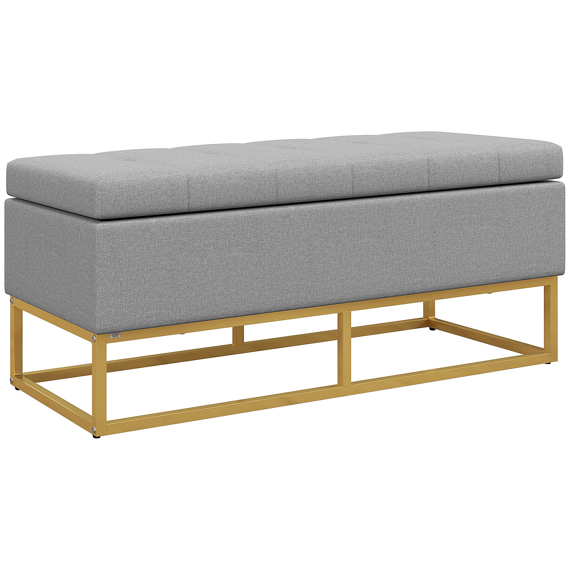Banc de rangement, bout de lit, coffre de rangement avec assise capitonnée et pieds en acier, 110 x 44 x 48 cm, gris et doré
