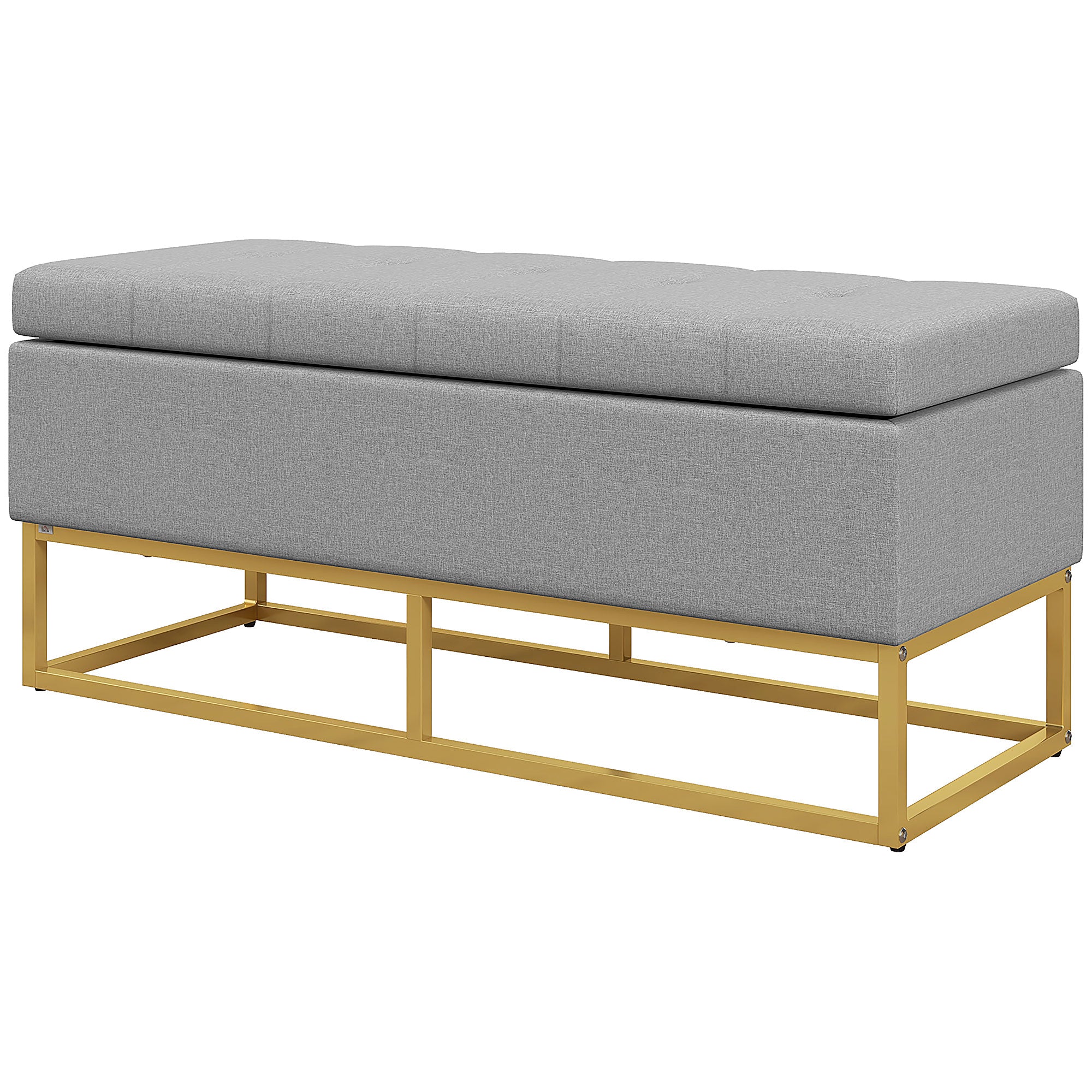Banc de rangement, bout de lit, coffre de rangement avec assise capitonnée et pieds en acier, 110 x 44 x 48 cm, gris et doré