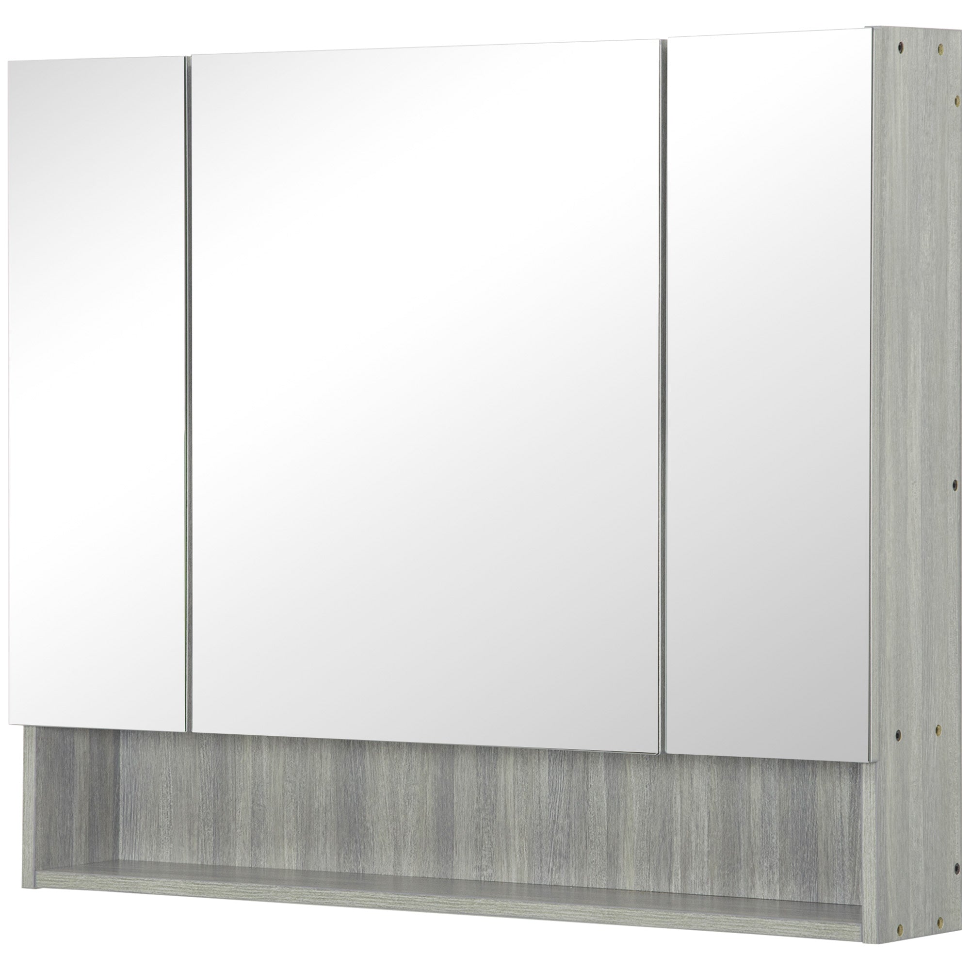 Armoire murale salle de bain avec miroir, 90 x 15 x 75 cm, meuble salle de bain, armoire de toilette avec 3 portes miroir, compartiment ouvert et étagères réglables, gris