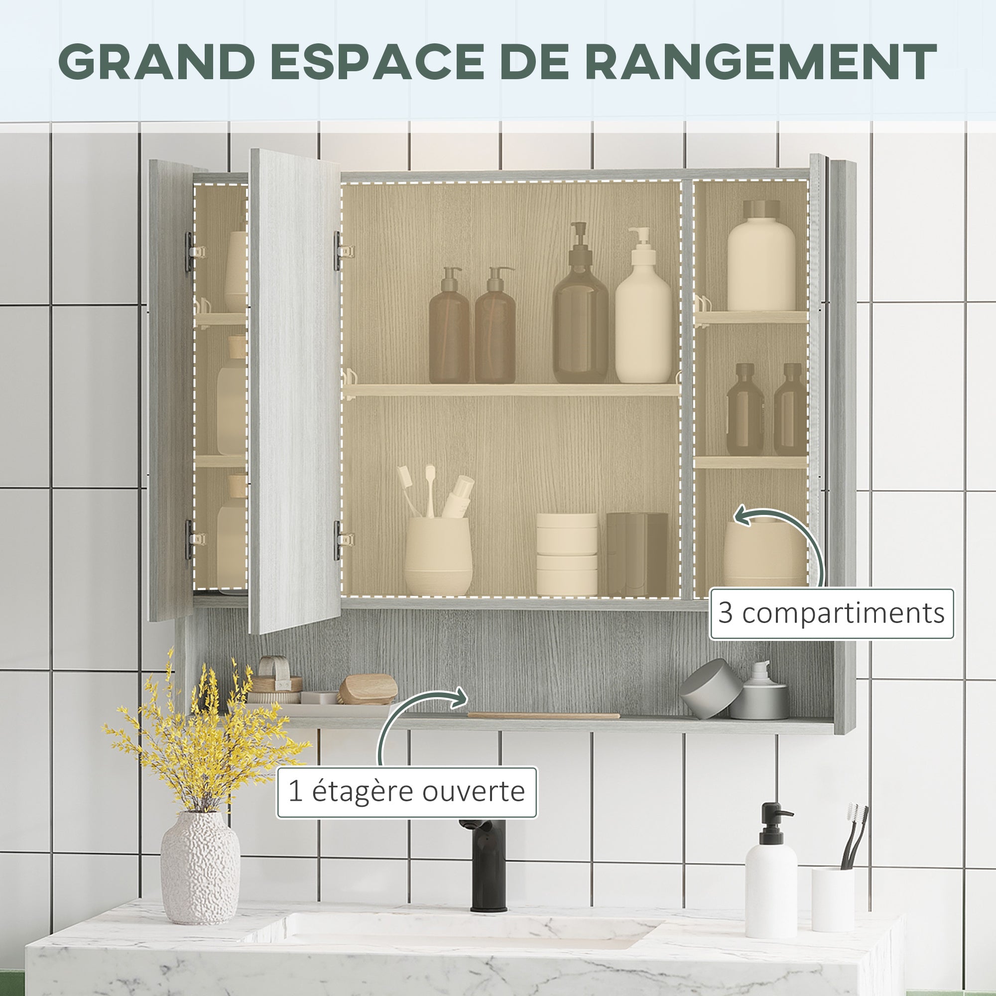 Armoire murale salle de bain avec miroir, 90 x 15 x 75 cm, meuble salle de bain, armoire de toilette avec 3 portes miroir, compartiment ouvert et étagères réglables, gris