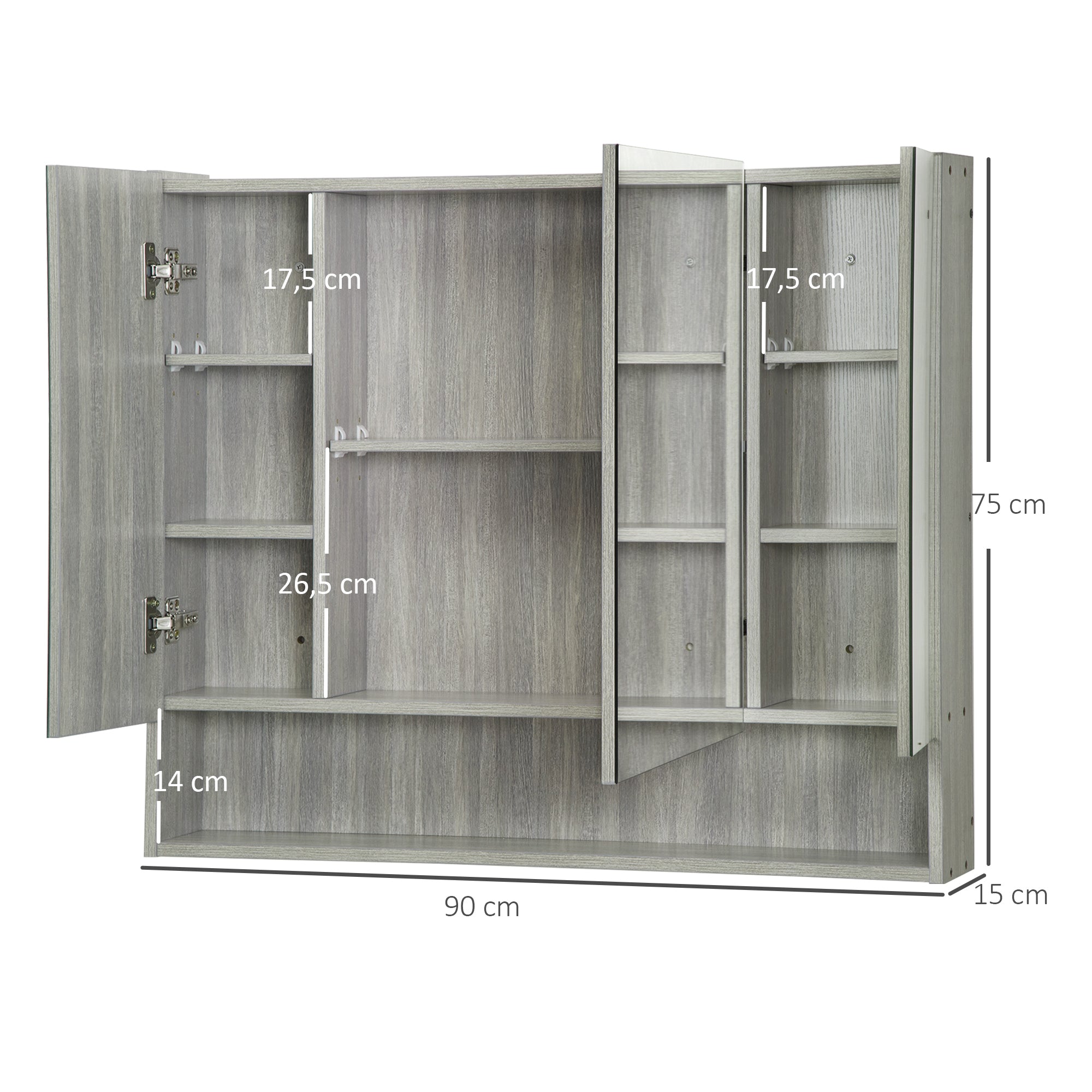 Armoire murale salle de bain avec miroir, 90 x 15 x 75 cm, meuble salle de bain, armoire de toilette avec 3 portes miroir, compartiment ouvert et étagères réglables, gris