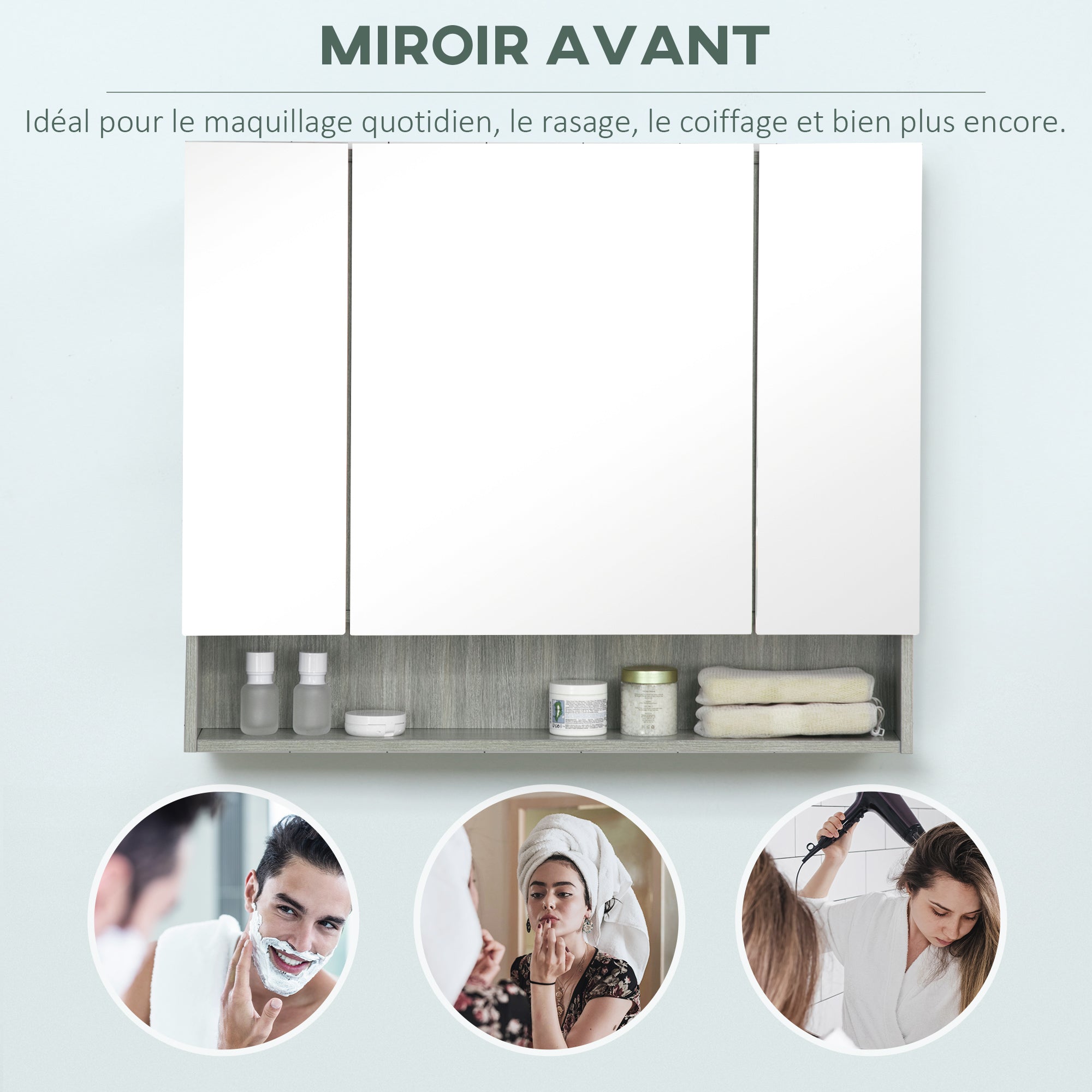 Armoire murale salle de bain avec miroir, 90 x 15 x 75 cm, meuble salle de bain, armoire de toilette avec 3 portes miroir, compartiment ouvert et étagères réglables, gris