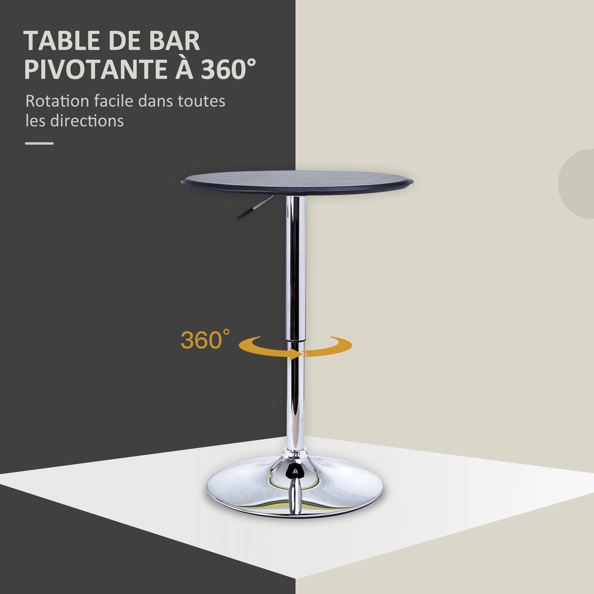 Table de Bar Table Bistro Mange-debout Chic Style Contemporain Table Ronde Hauteur réglable 67-93 cm Ø 63 cm Plateau pivotant 360° métal chromé PVC Noir