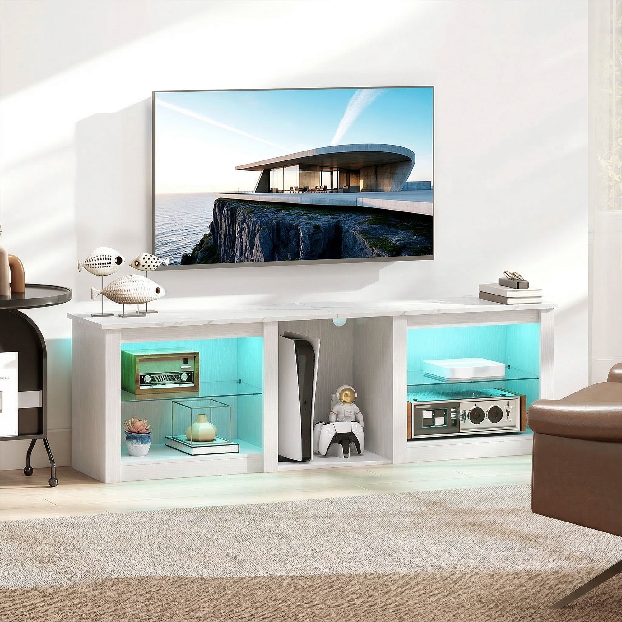Meuble TV LED RGB meuble télé bois banc TV jusqu'à 70 pouces avec étagères en verre réglables, 5 niches, passe-câbles et télécommande pour salon, chambre à coucher, dim. 160 x 35 x 52 cm, blanc
