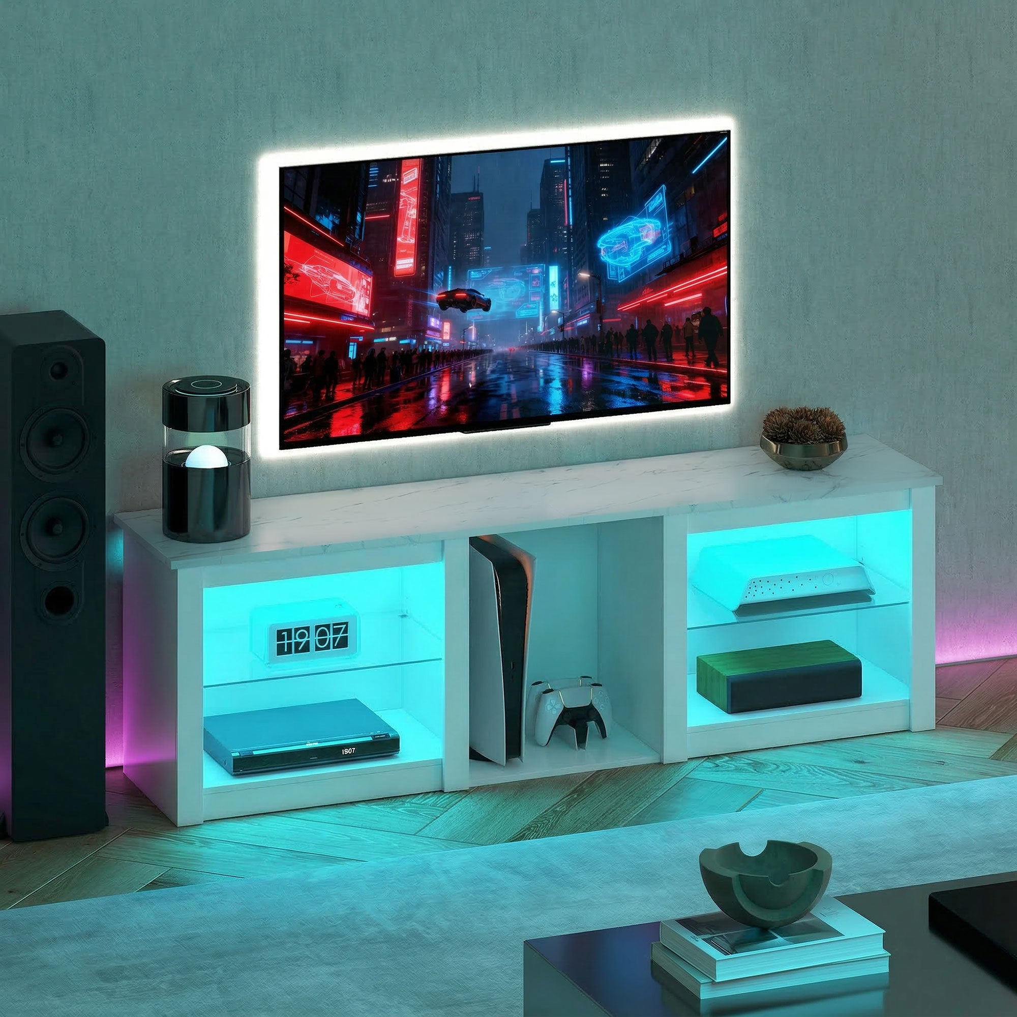 Meuble TV LED RGB meuble télé bois banc TV jusqu'à 70 pouces avec étagères en verre réglables, 5 niches, passe-câbles et télécommande pour salon, chambre à coucher, dim. 160 x 35 x 52 cm, blanc