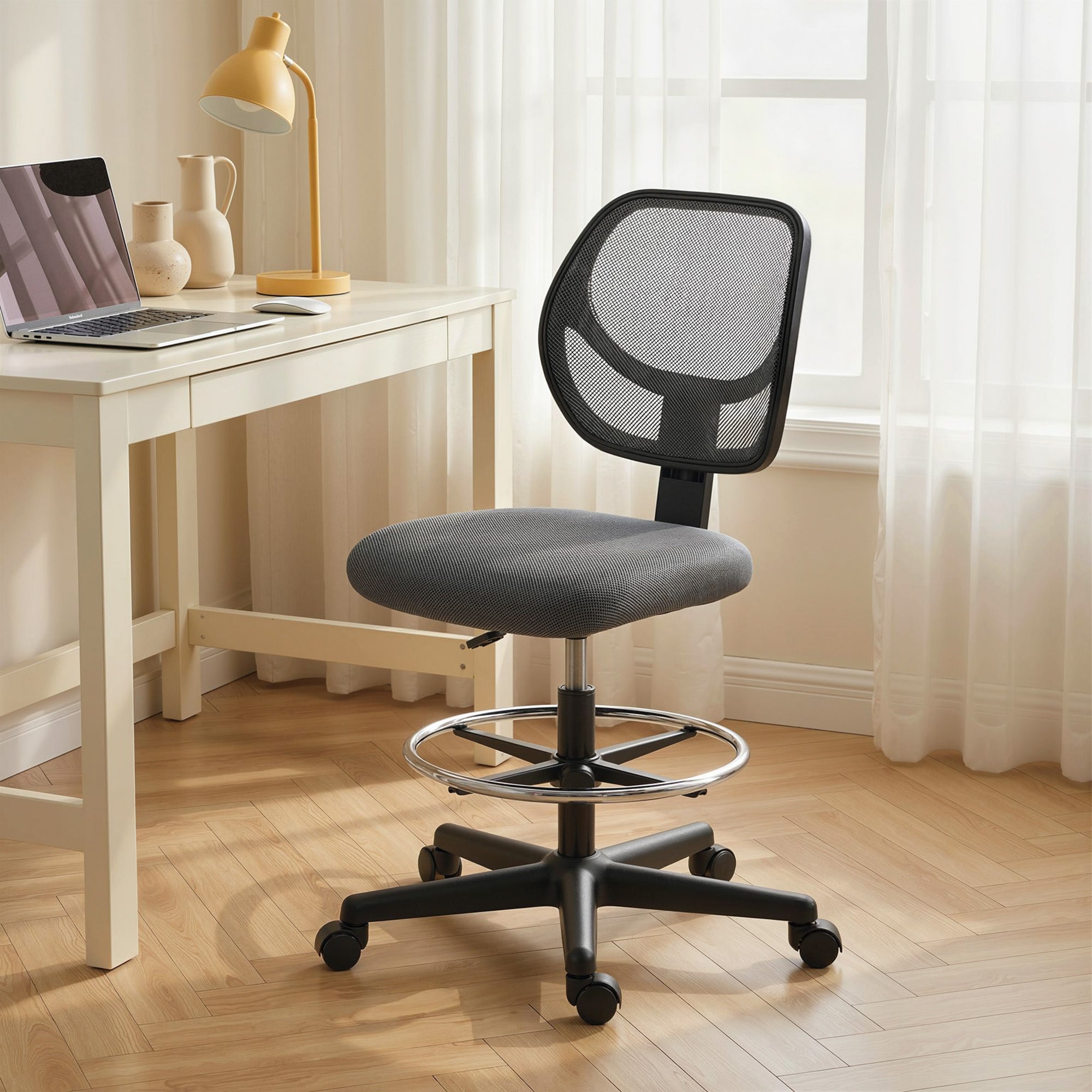 Vinsett Chaise bureau ergonomique, fauteuil de bureau avec repose-pieds, chaise à dessin en maille, hauteur réglable, dossier incurvé, pivotant 360°, pour studio travail à domicile, gris foncé