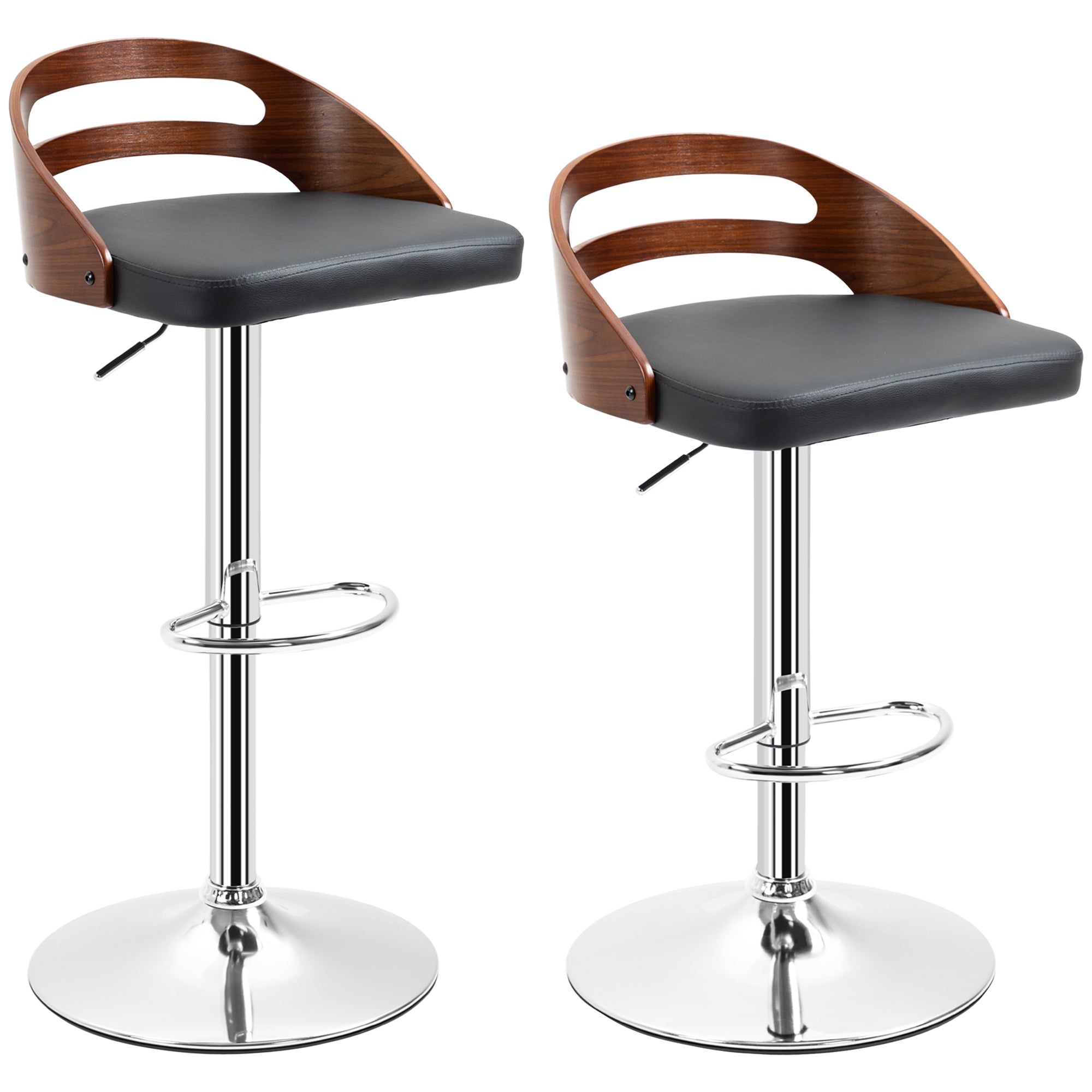 Lot de 2 tabourets de Bar Design Contemporain Hauteur d'assise réglable pivotant 360° revêtement synthétique Noir Dossier ajouré Aspect Bois