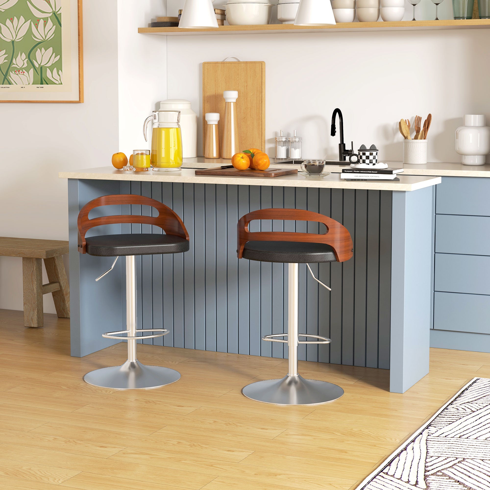 Lot de 2 tabourets de Bar Design Contemporain Hauteur d'assise réglable pivotant 360° revêtement synthétique Noir Dossier ajouré Aspect Bois