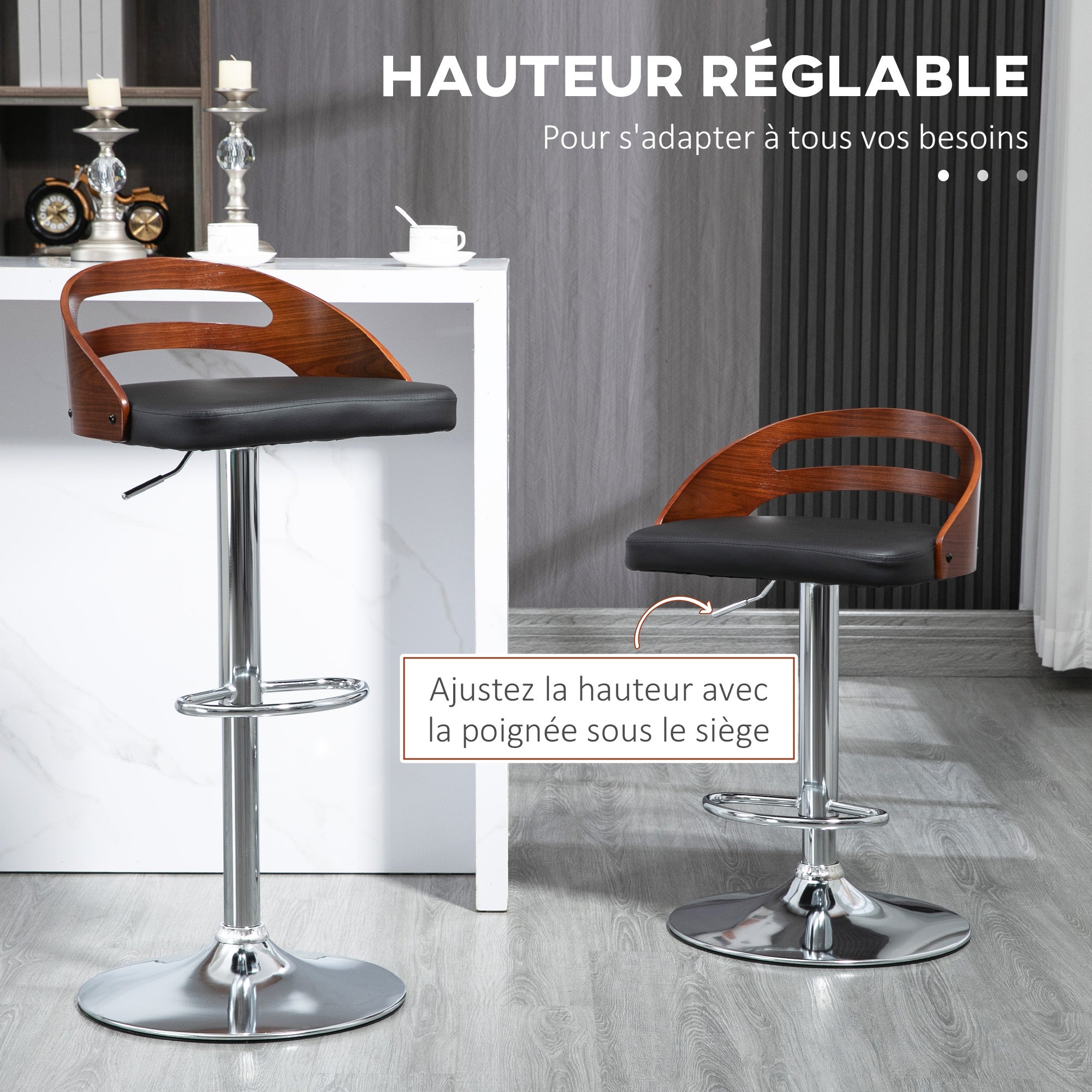 Lot de 2 tabourets de Bar Design Contemporain Hauteur d'assise réglable pivotant 360° revêtement synthétique Noir Dossier ajouré Aspect Bois