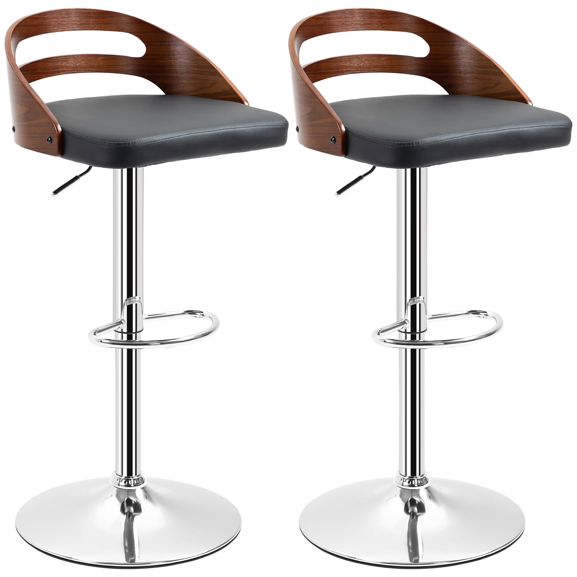 Lot de 2 tabourets de Bar Design Contemporain Hauteur d'assise réglable pivotant 360° revêtement synthétique Noir Dossier ajouré Aspect Bois
