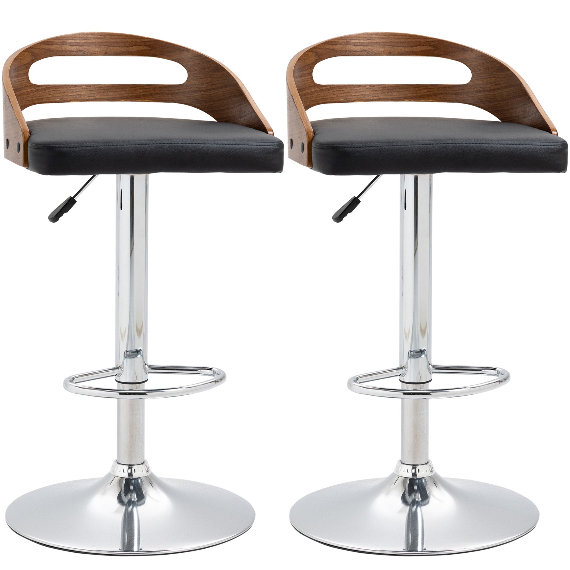 Lot de 2 tabourets de Bar Design Contemporain Hauteur d'assise réglable pivotant 360° revêtement synthétique Noir Dossier ajouré Aspect Bois