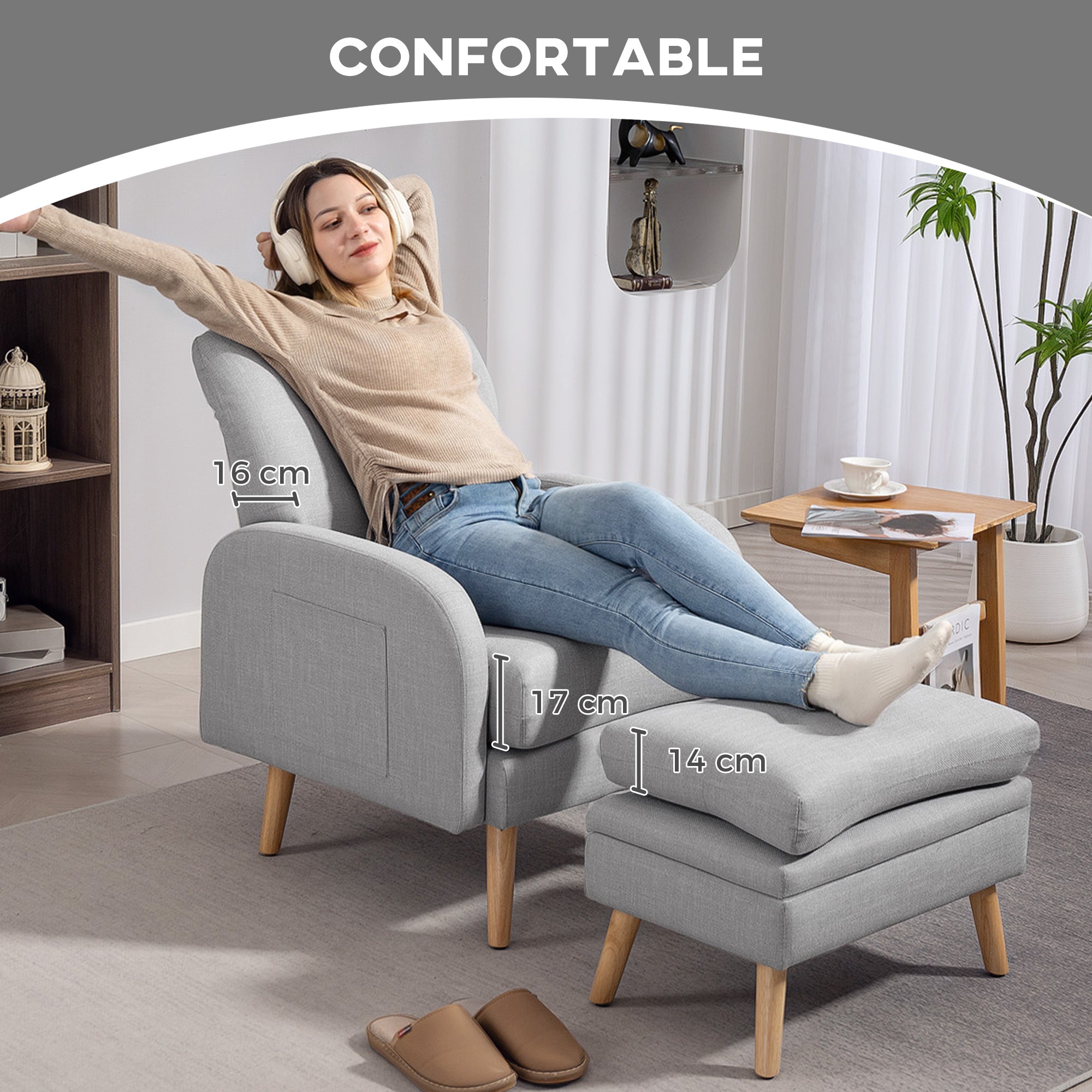 Fauteuil de relaxation avec repose-pied, fauteuil TV avec coussins, 2 poches de rangement, support jusqu'à 120 kg, canapé 1 place capitonné pour salon chambre bureau, en tissu lin gris clair