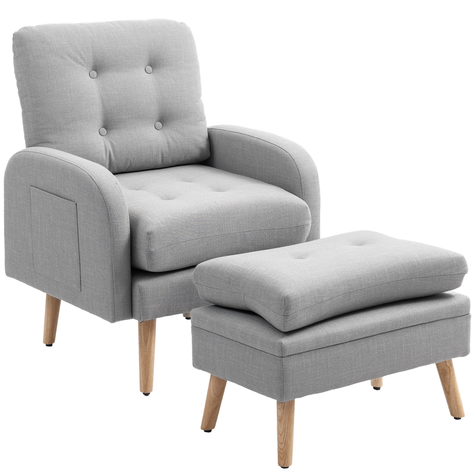 Fauteuil de relaxation avec repose-pied, fauteuil TV avec coussins, 2 poches de rangement, support jusqu'à 120 kg, canapé 1 place capitonné pour salon chambre bureau, en tissu lin gris clair