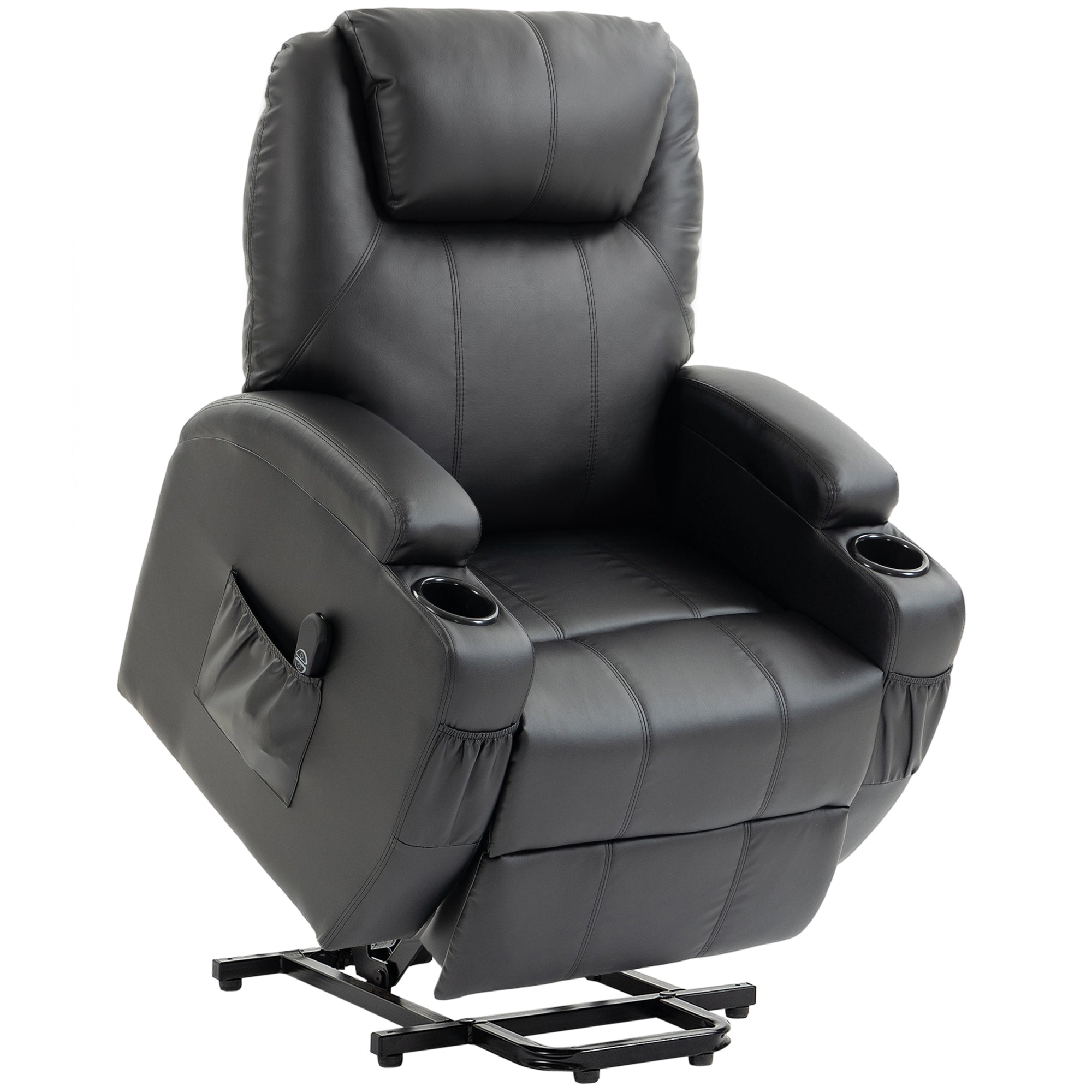 Fauteuil releveur électrique, fauteuil relax électrique en PU, repose-pied, dossier inclinable, port USB, télécommande, porte-gobelets et poches latérales, pour personnes âgées, noir