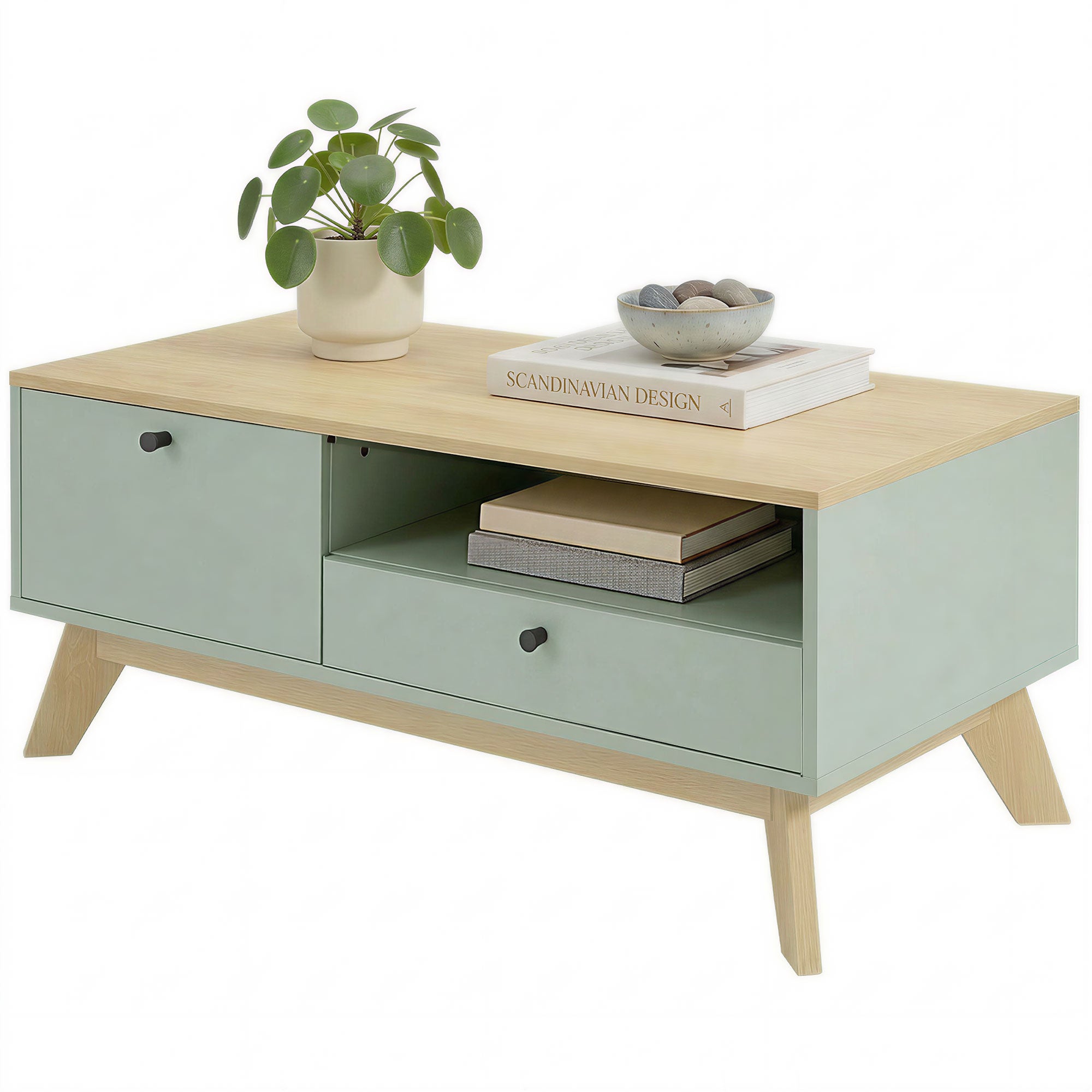 Table basse de salon, table d'appoint rectangulaire avec tiroir, porte et compartiment ouvert, style moderne, pour chambre, séjour et bureau, 100 x 50 x 40 cm, vert clair et chêne