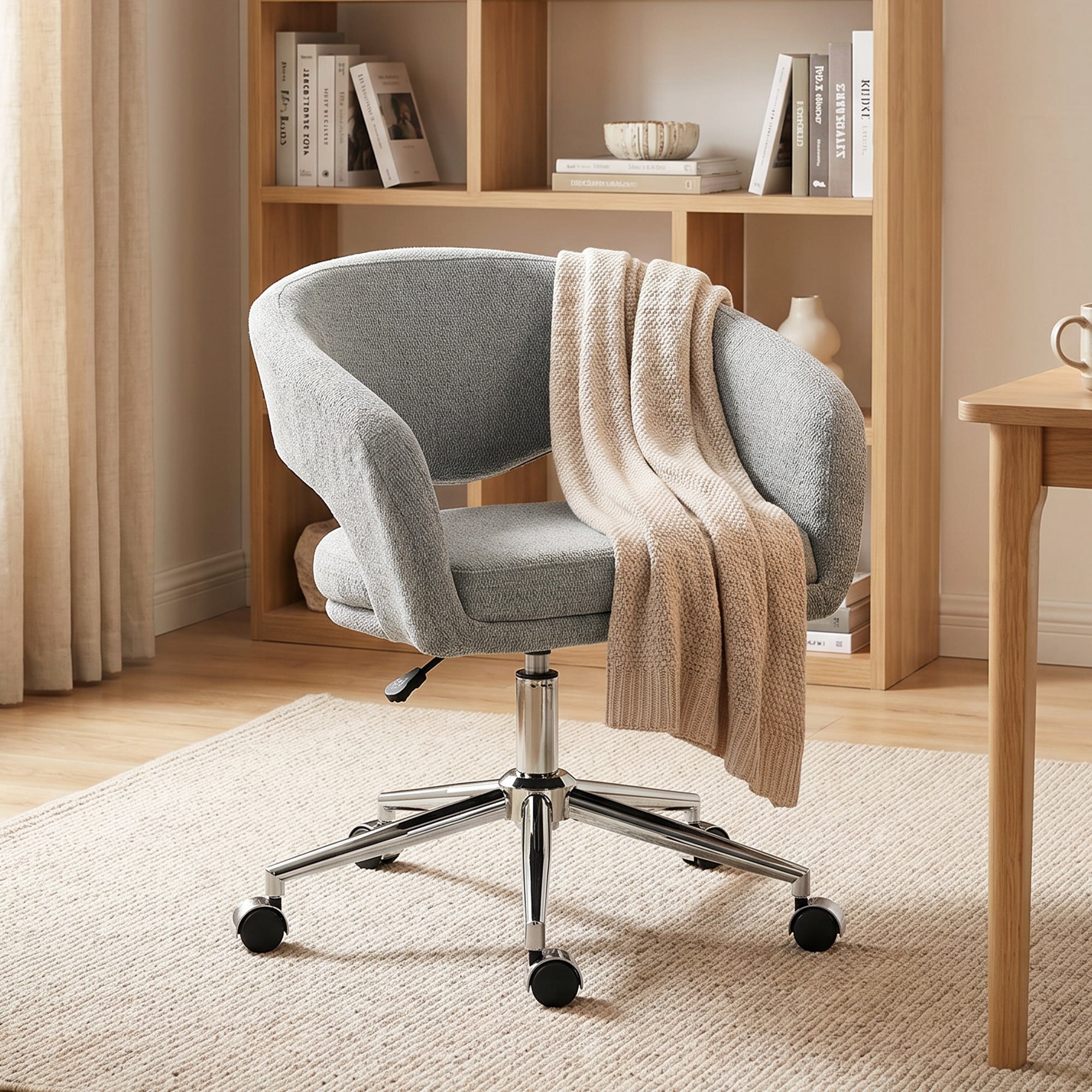 Chaise Bureau Ergonomique, Fauteuil de Bureau en Chenille avec Hauteur Réglable, Dossier Incurvé, Accoudoirs Intégrés et Pivotant à 360°, pour Bureau, Salon, Chambre, Gris