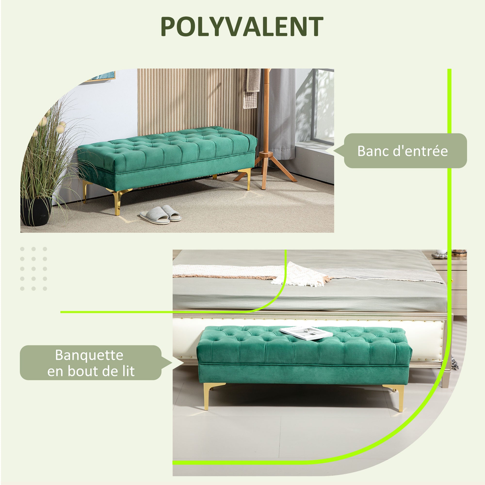 Banc banquette capitonnée bout de lit style classique chic dim. 118L x 45l x 42H cm piètement métal doré velours vert