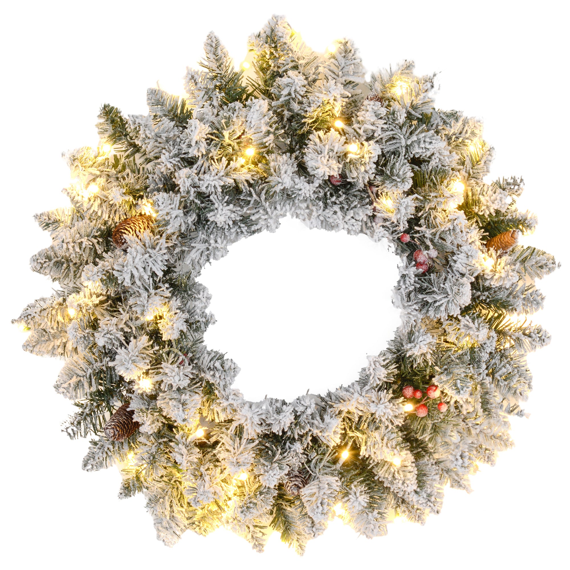 Couronne de Noël porte givrée artificielle 60 CM décoration de Noël lumineuse avec pommes de pin et baies rouges, lumières LED et minuterie, pour porte, fenêtre ou cheminée, vert