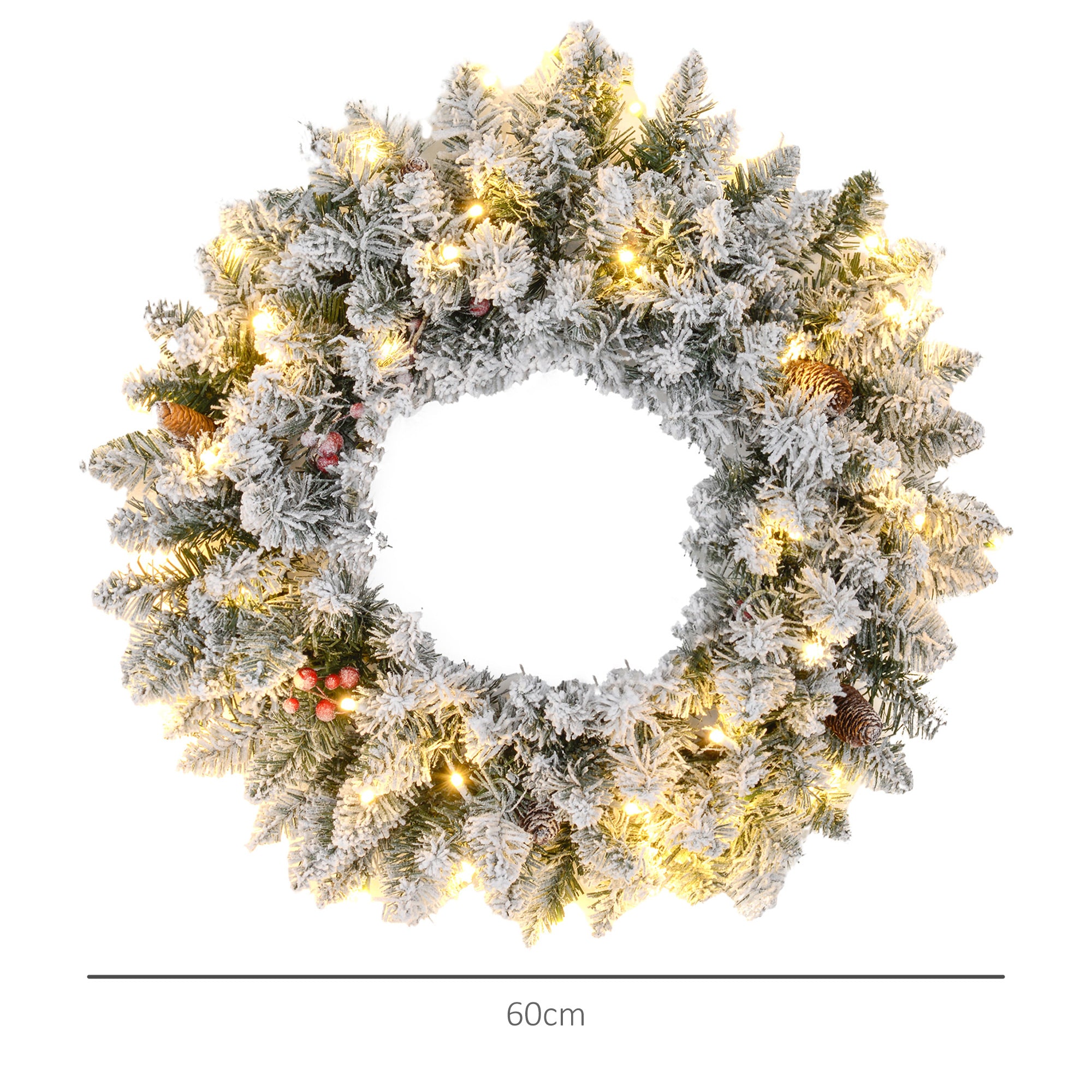Couronne de Noël porte givrée artificielle 60 CM décoration de Noël lumineuse avec pommes de pin et baies rouges, lumières LED et minuterie, pour porte, fenêtre ou cheminée, vert