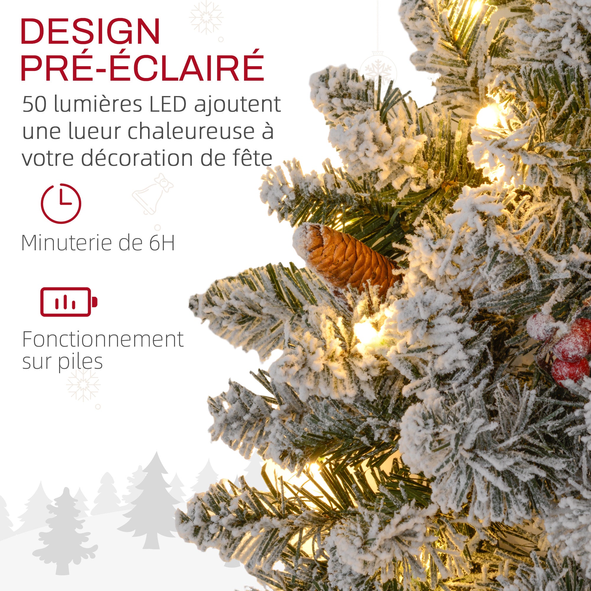 Couronne de Noël porte givrée artificielle 60 CM décoration de Noël lumineuse avec pommes de pin et baies rouges, lumières LED et minuterie, pour porte, fenêtre ou cheminée, vert