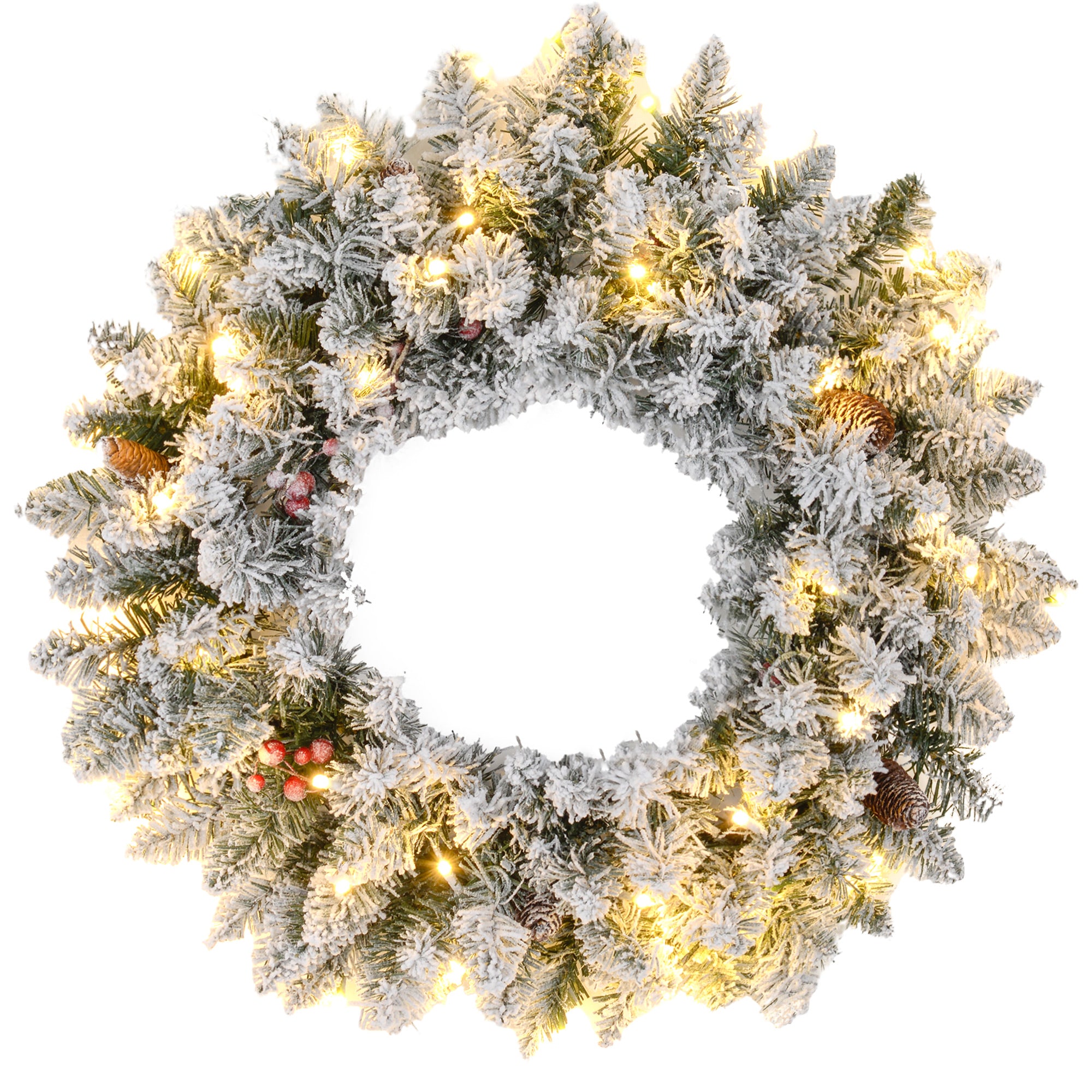 Couronne de Noël porte givrée artificielle 60 CM décoration de Noël lumineuse avec pommes de pin et baies rouges, lumières LED et minuterie, pour porte, fenêtre ou cheminée, vert